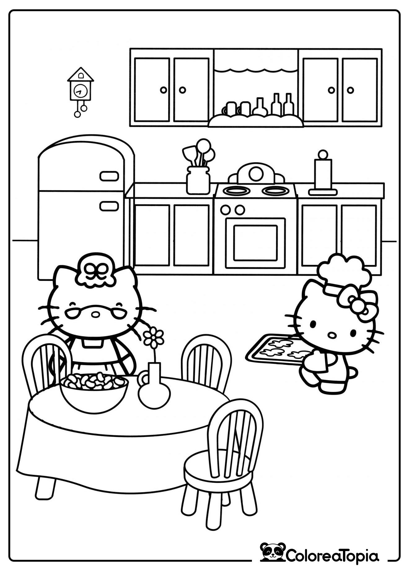 Kitty con la abuela en la cocina - dibujo para colorear