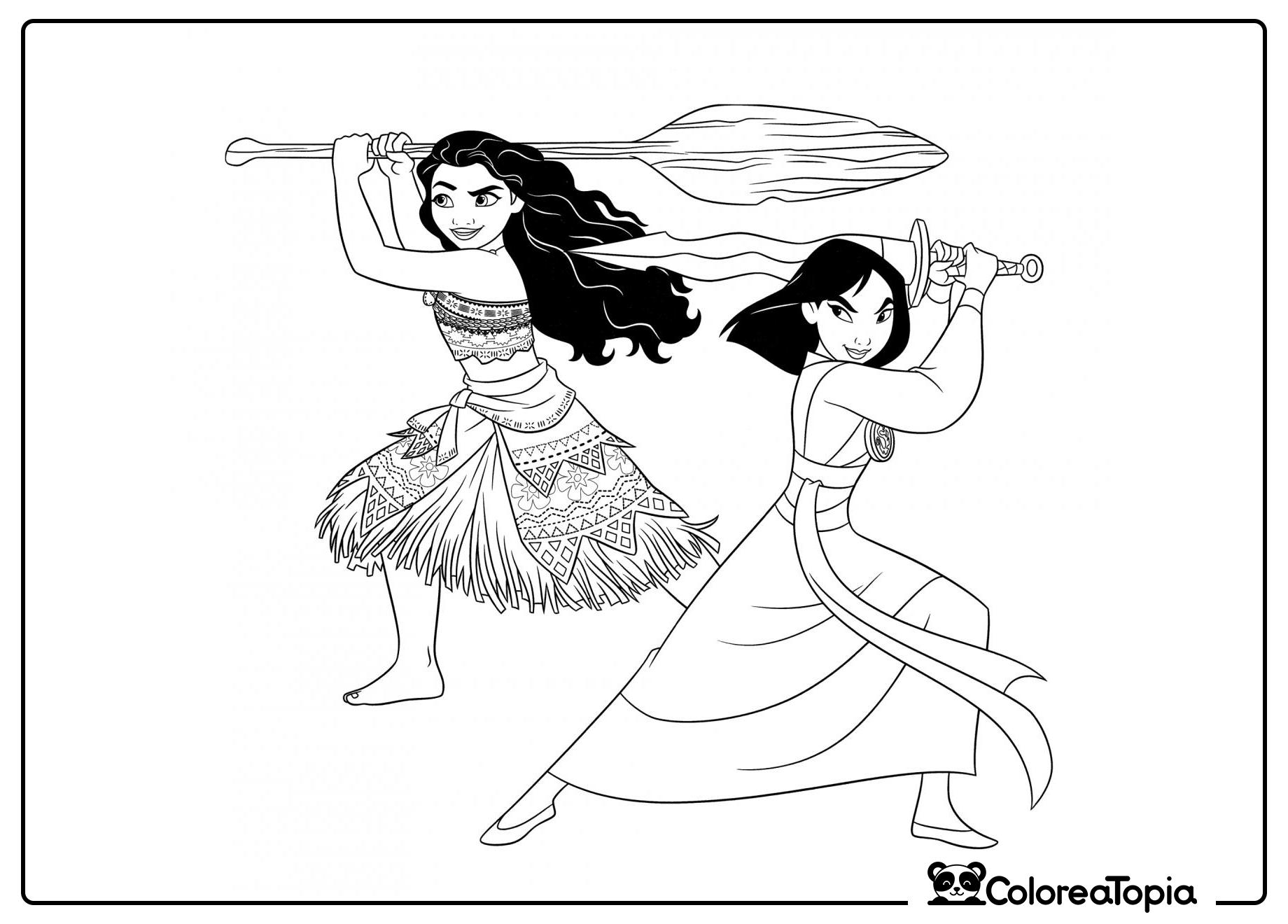 Mulán y Moana en acción - dibujo para colorear