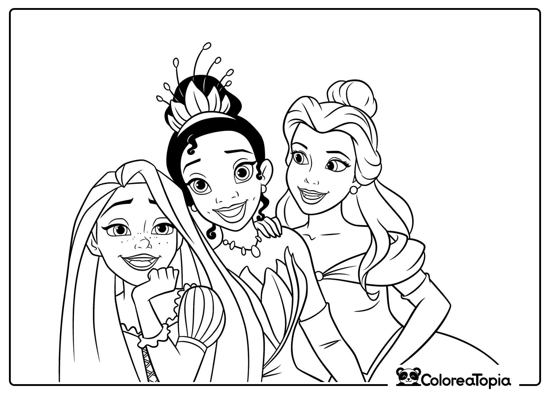 Tímidos Tiana, Rapunzel y Bella - dibujo para colorear