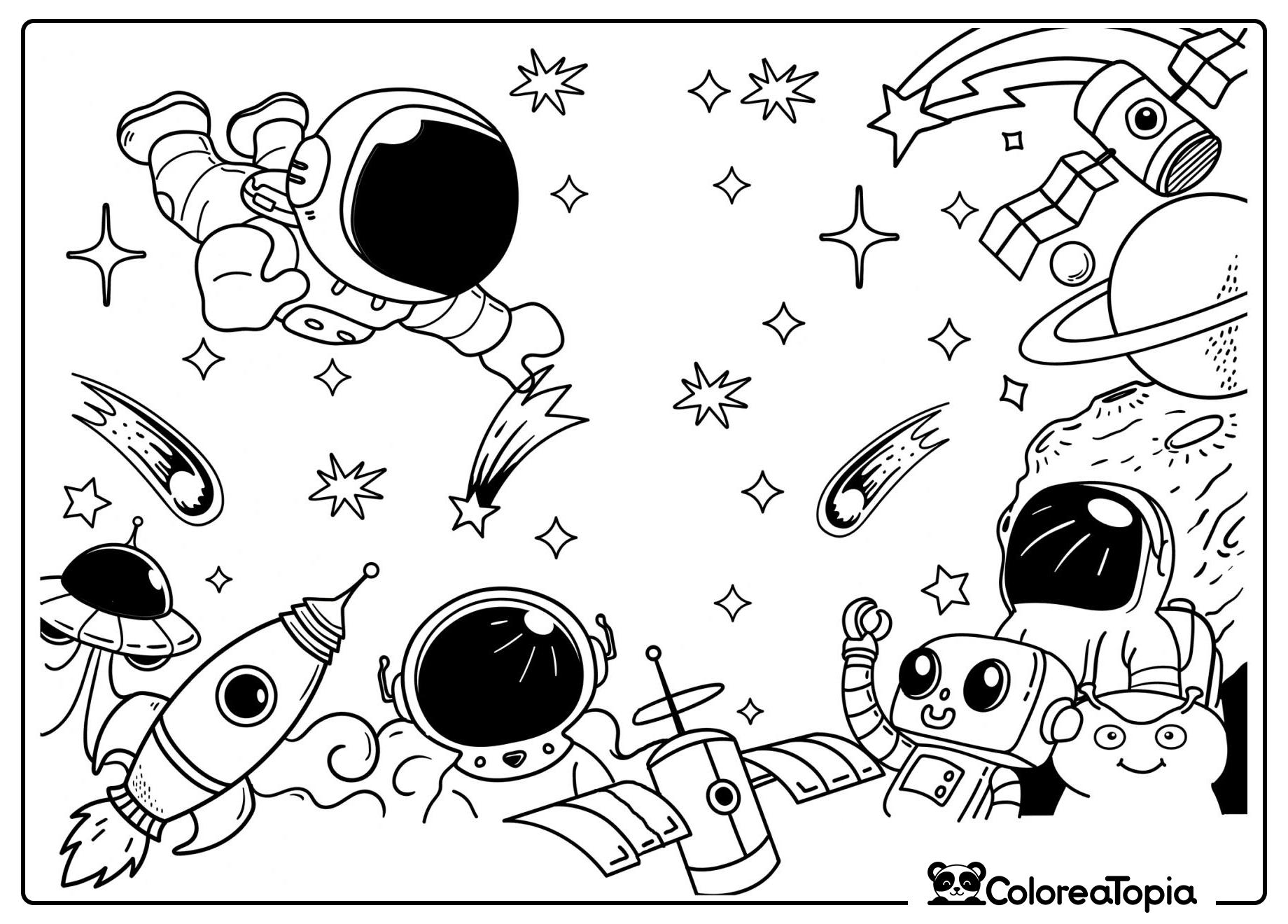 Amigables extraterrestres y astronautas - dibujo para colorear