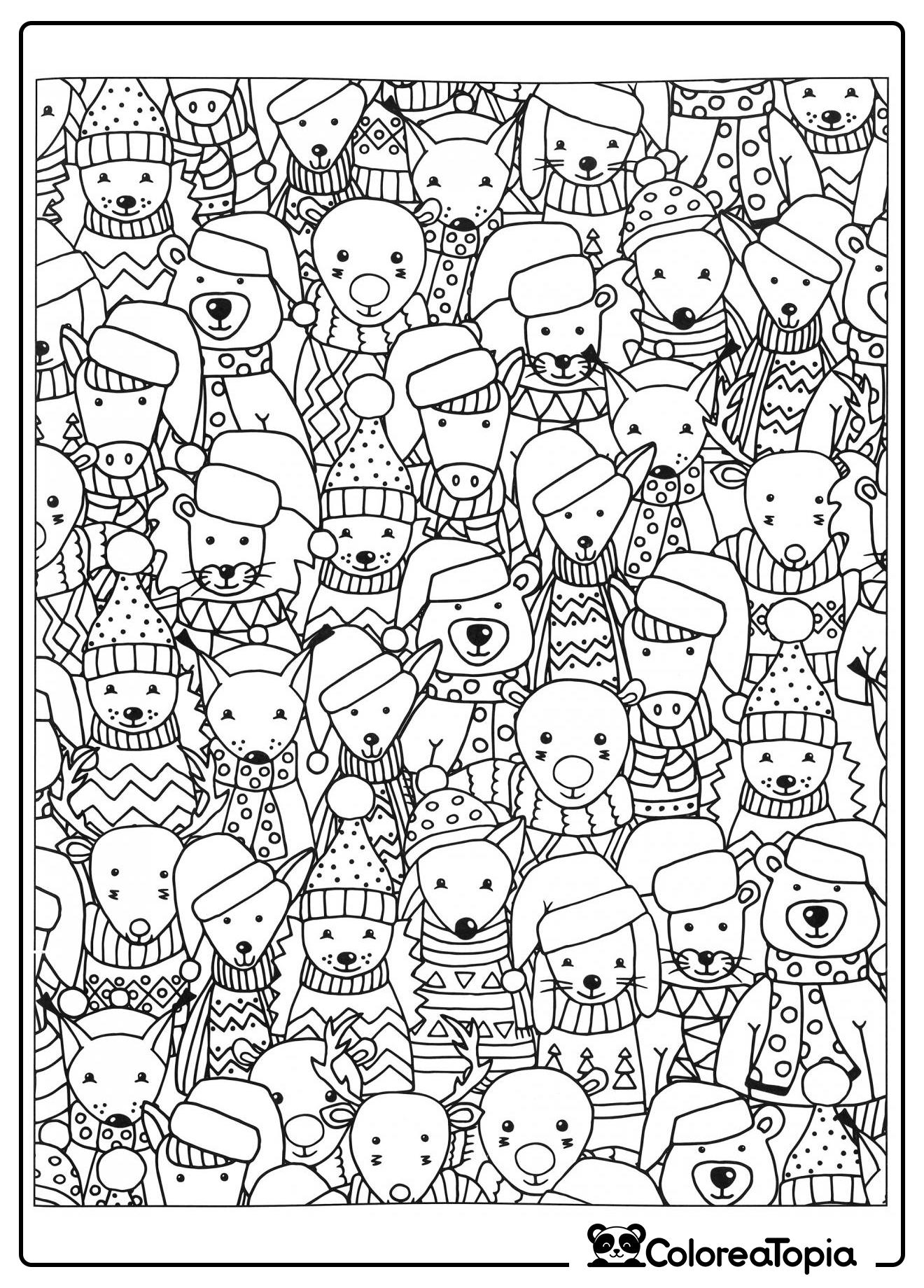 Animales con gorros de invierno - dibujo para colorear