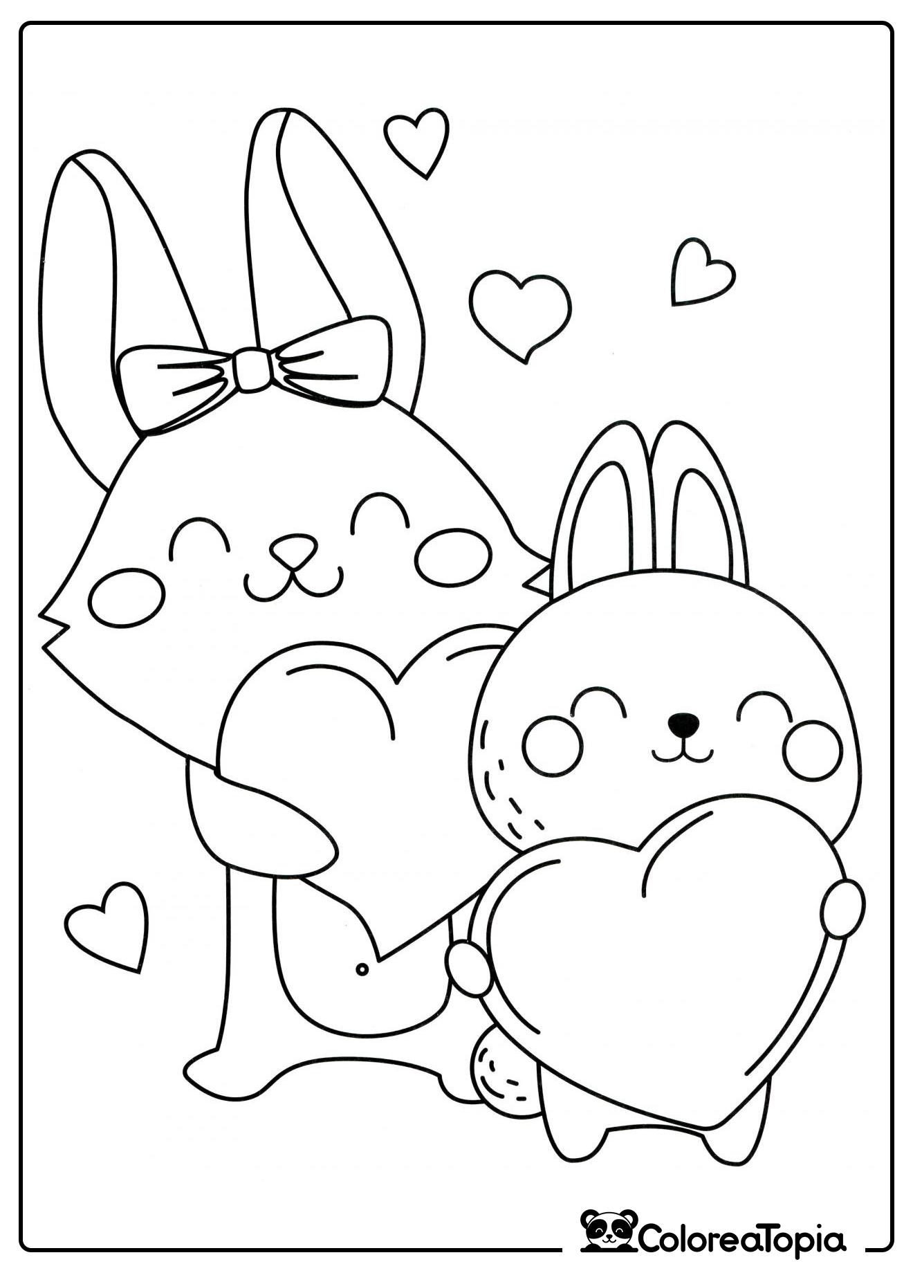 Conejitos con corazones - dibujo para colorear