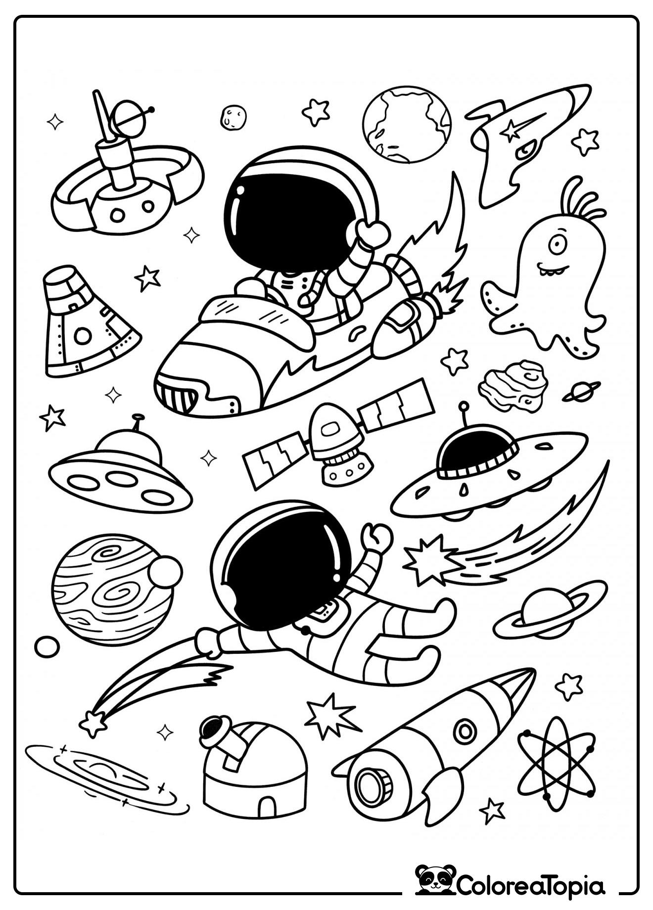 El astronauta está volando en su nave espacial - dibujo para colorear