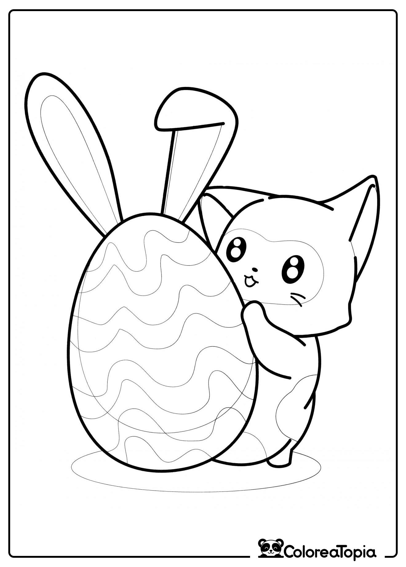 El gato sostiene un huevo con orejas - dibujo para colorear