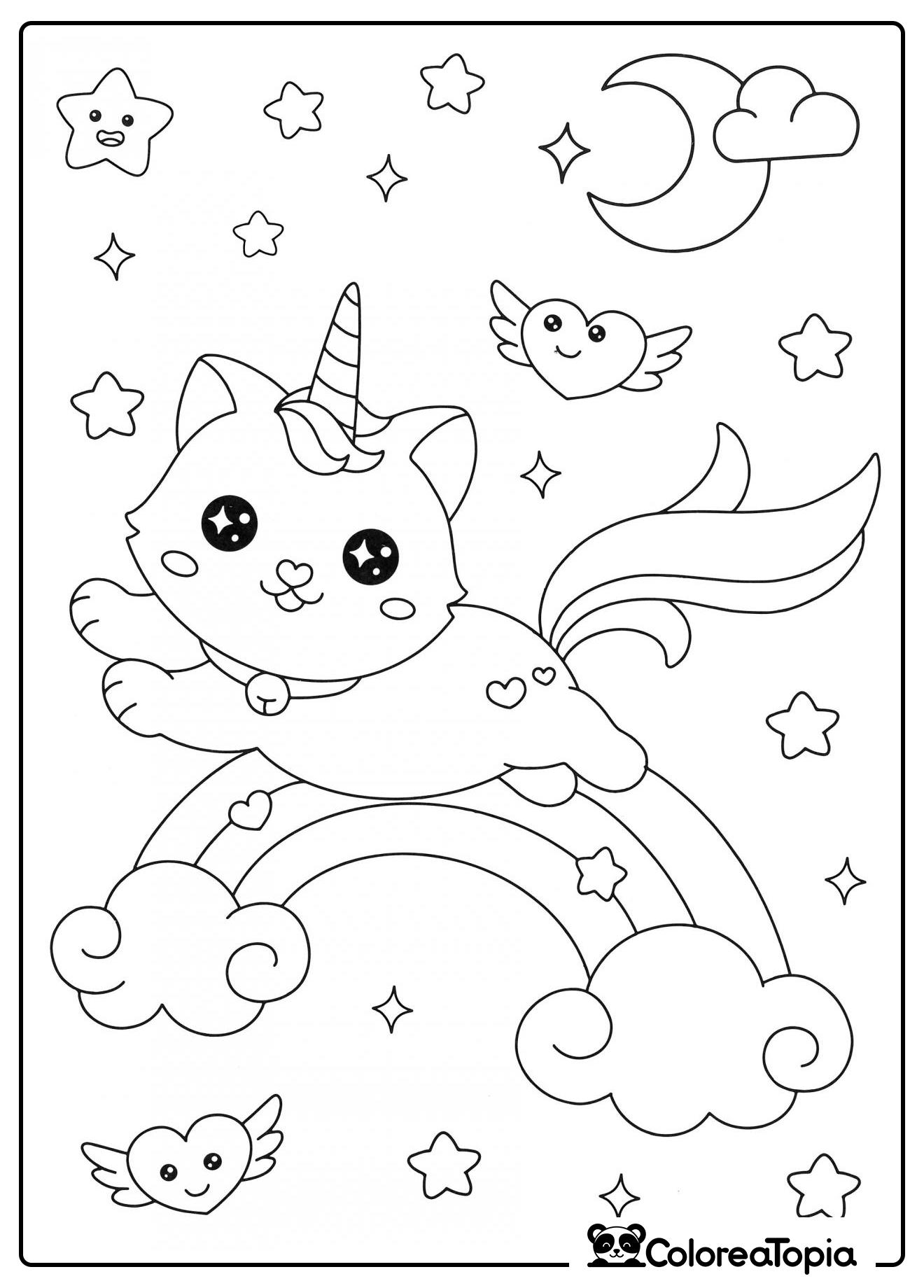 Gatito unicornio volador - dibujo para colorear