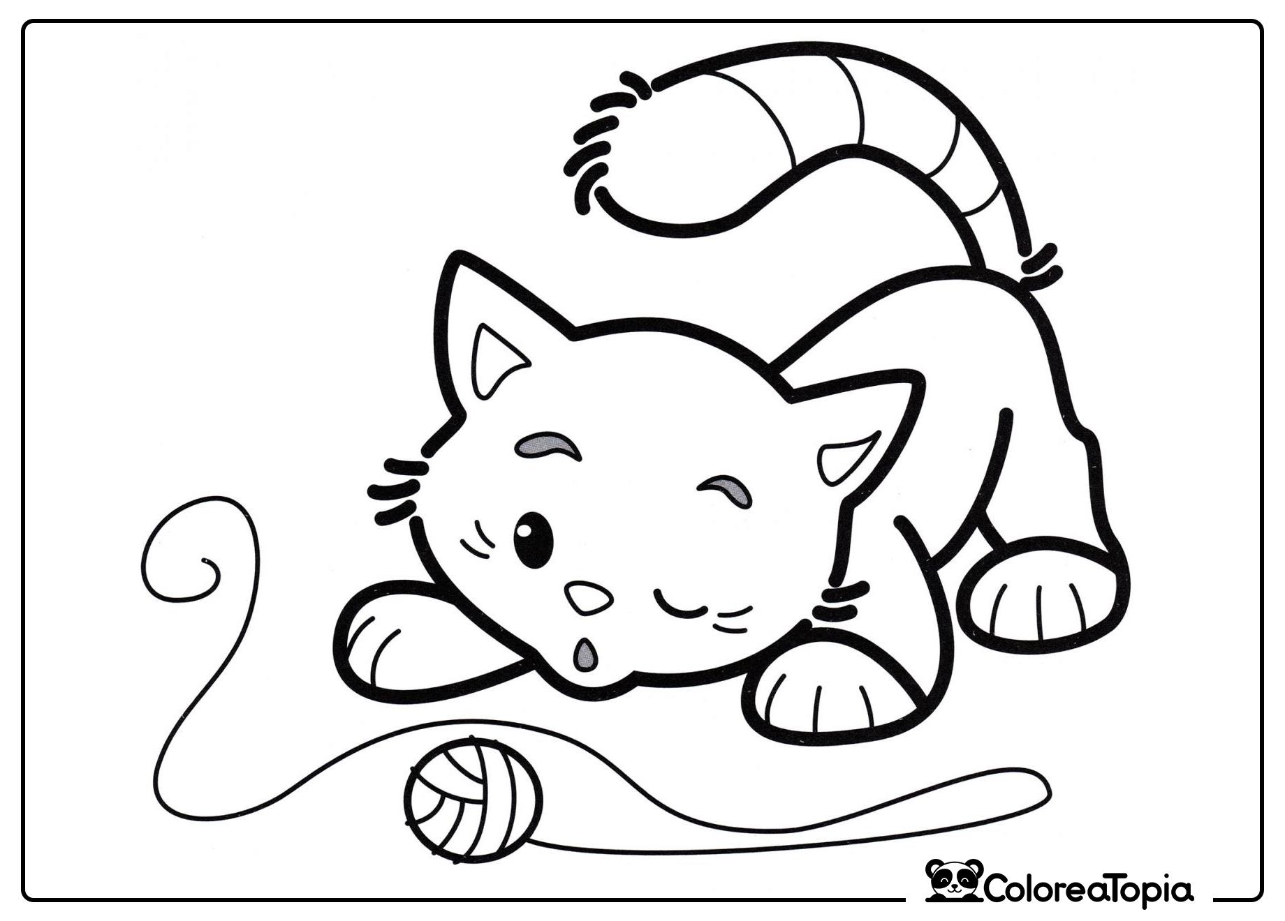 Gatito y ovillo de hilo - dibujo para colorear