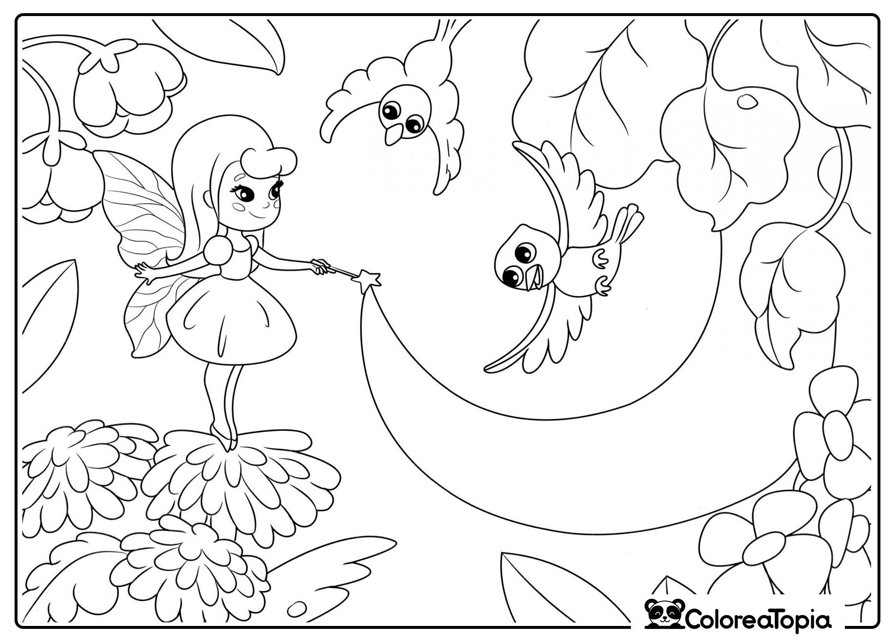 Hada adorable y pajaritos - dibujo para colorear