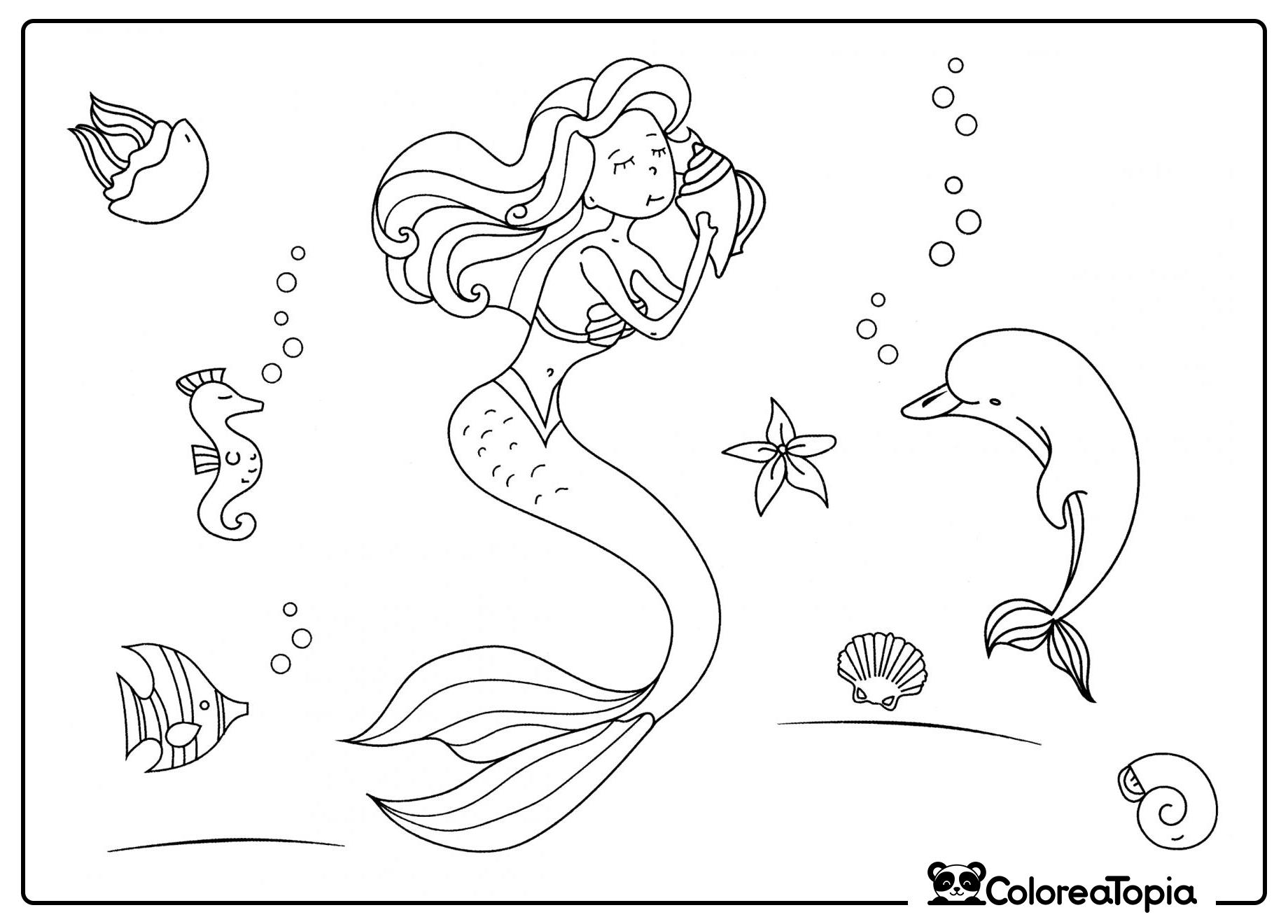 La sirena admira la concha - dibujo para colorear