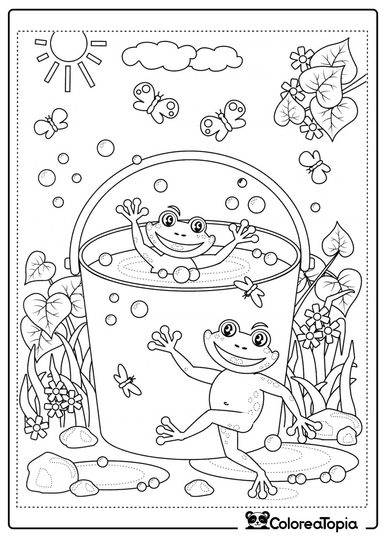 Las ranas se bañan en el cubo - dibujo para colorear