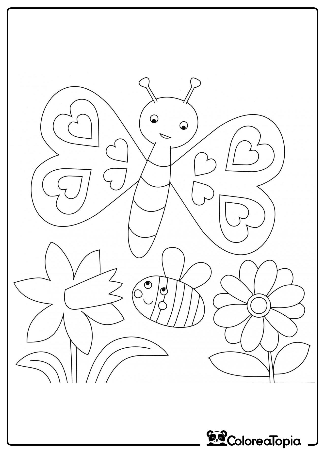 Mariposa con abeja entre las flores - dibujo para colorear