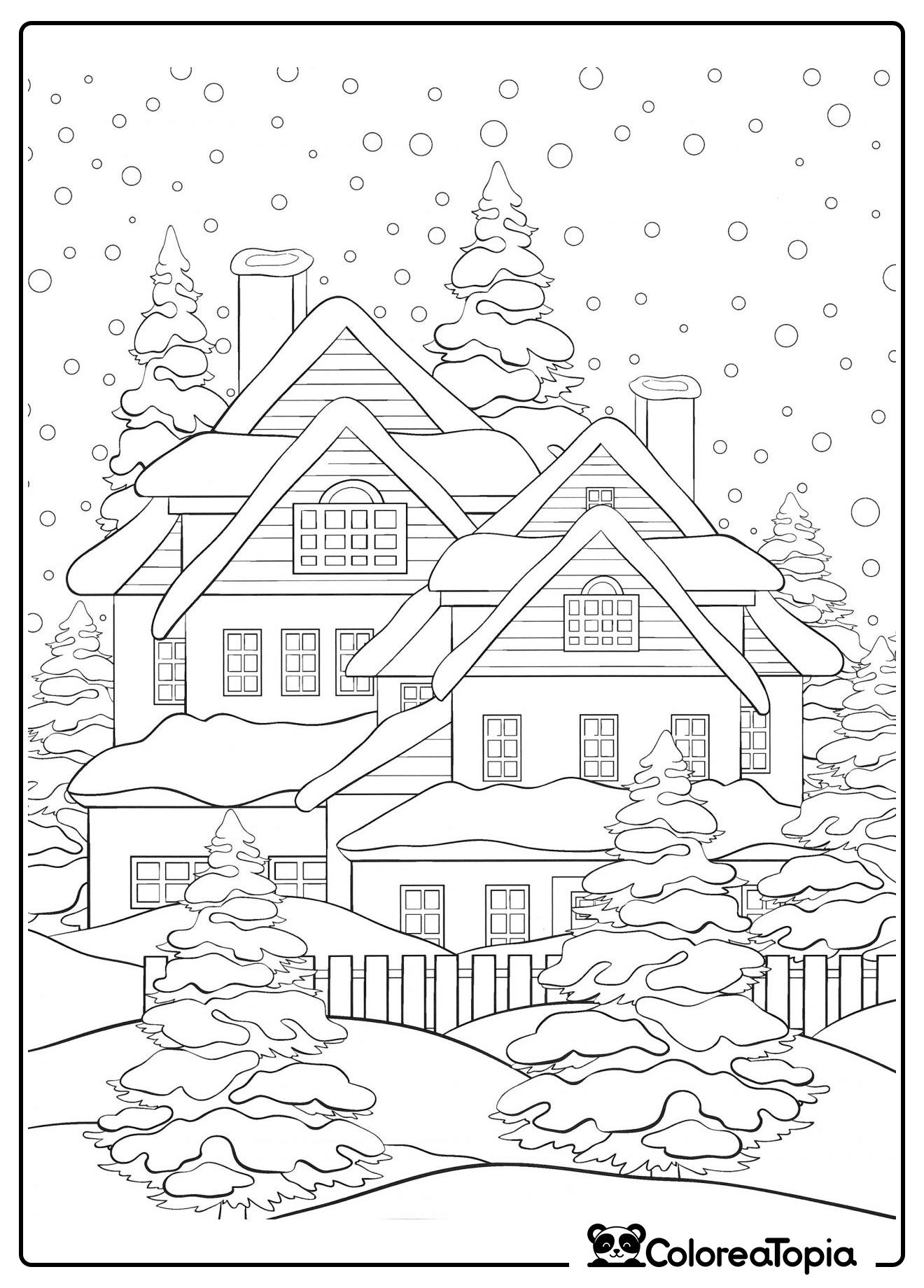 Noche de invierno en el pueblo - dibujo para colorear