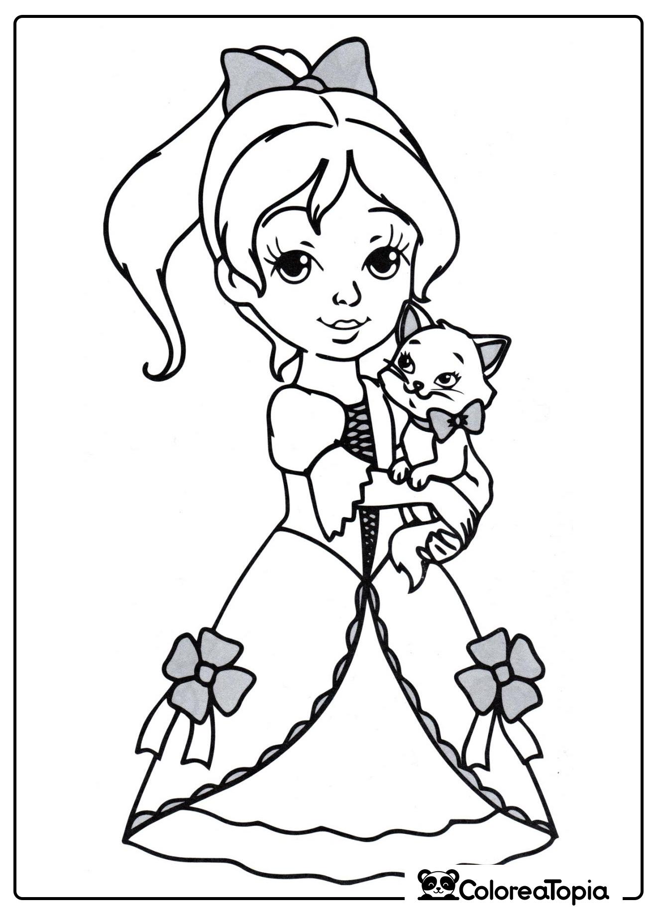 Princesa con gatito - dibujo para colorear