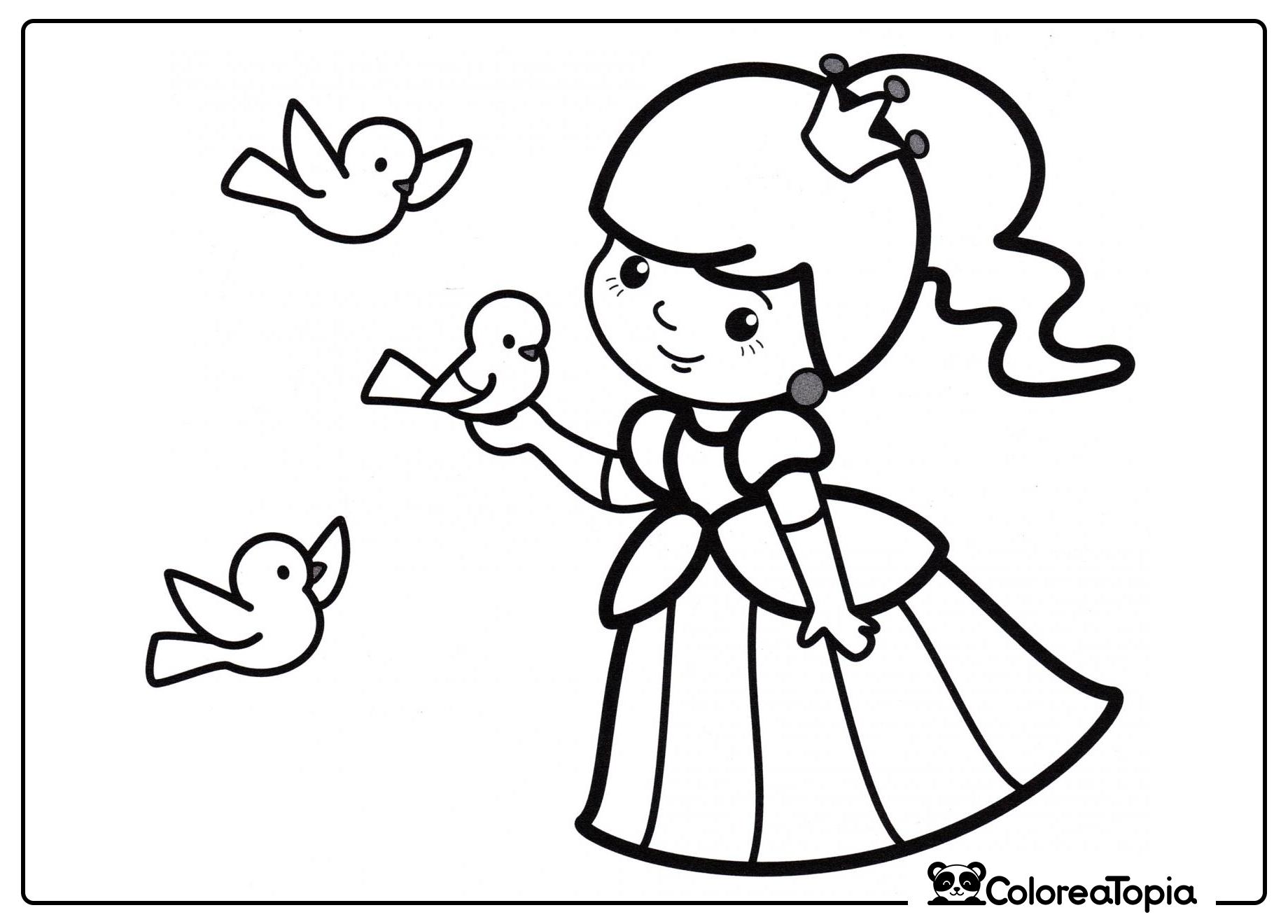 Princesa y pajaritos - dibujo para colorear