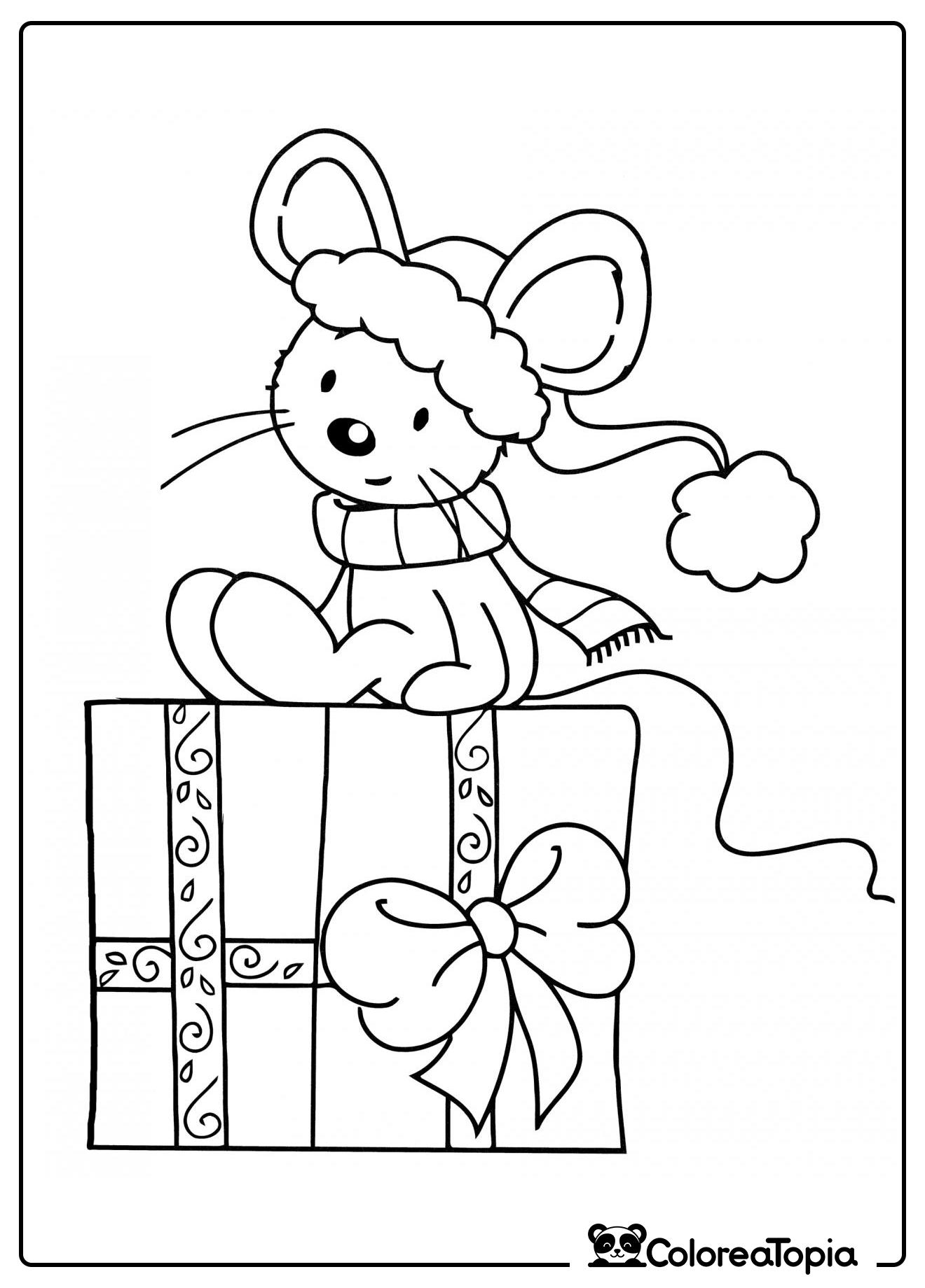 Ratón en un regalo de Navidad - dibujo para colorear