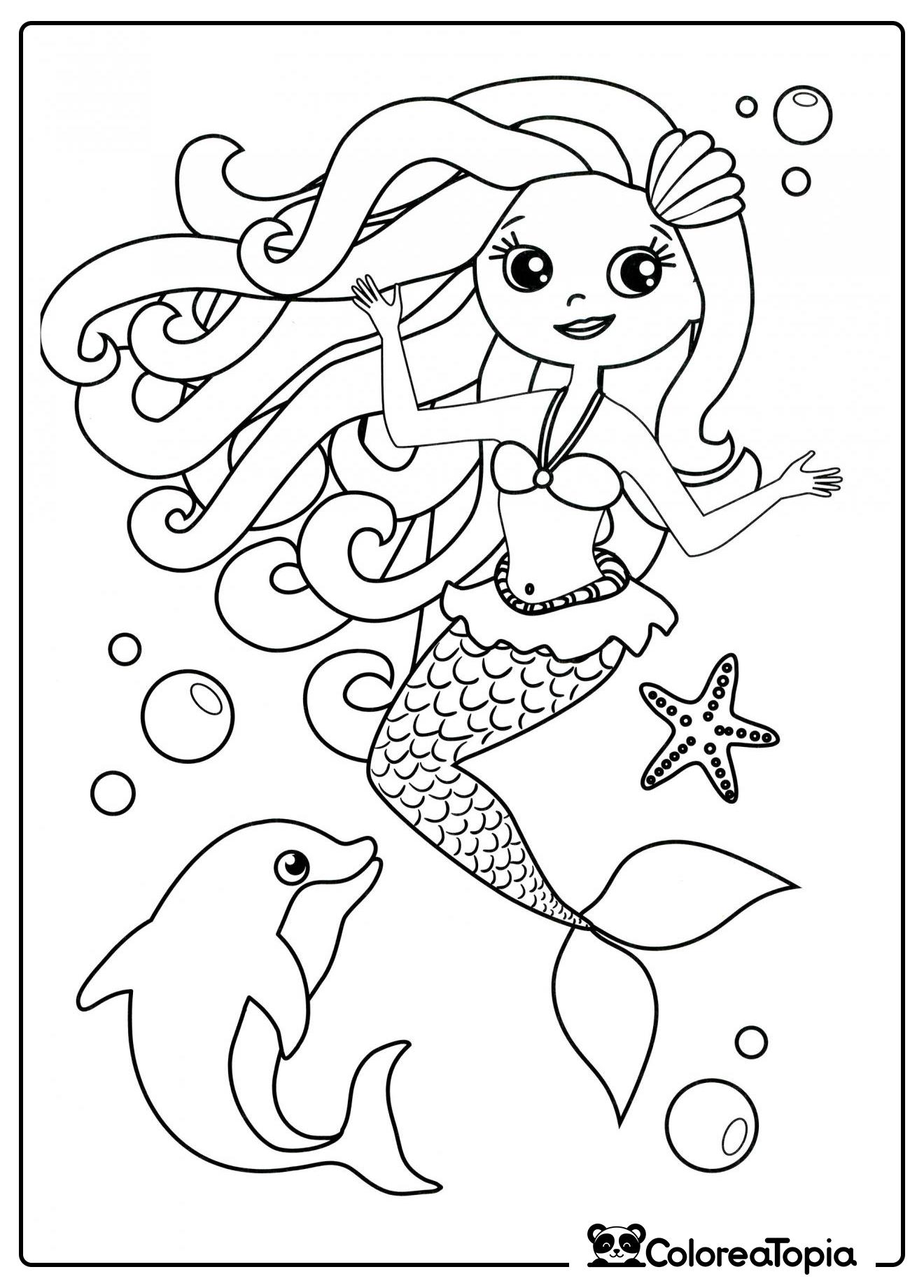 Sirena con delfín - dibujo para colorear