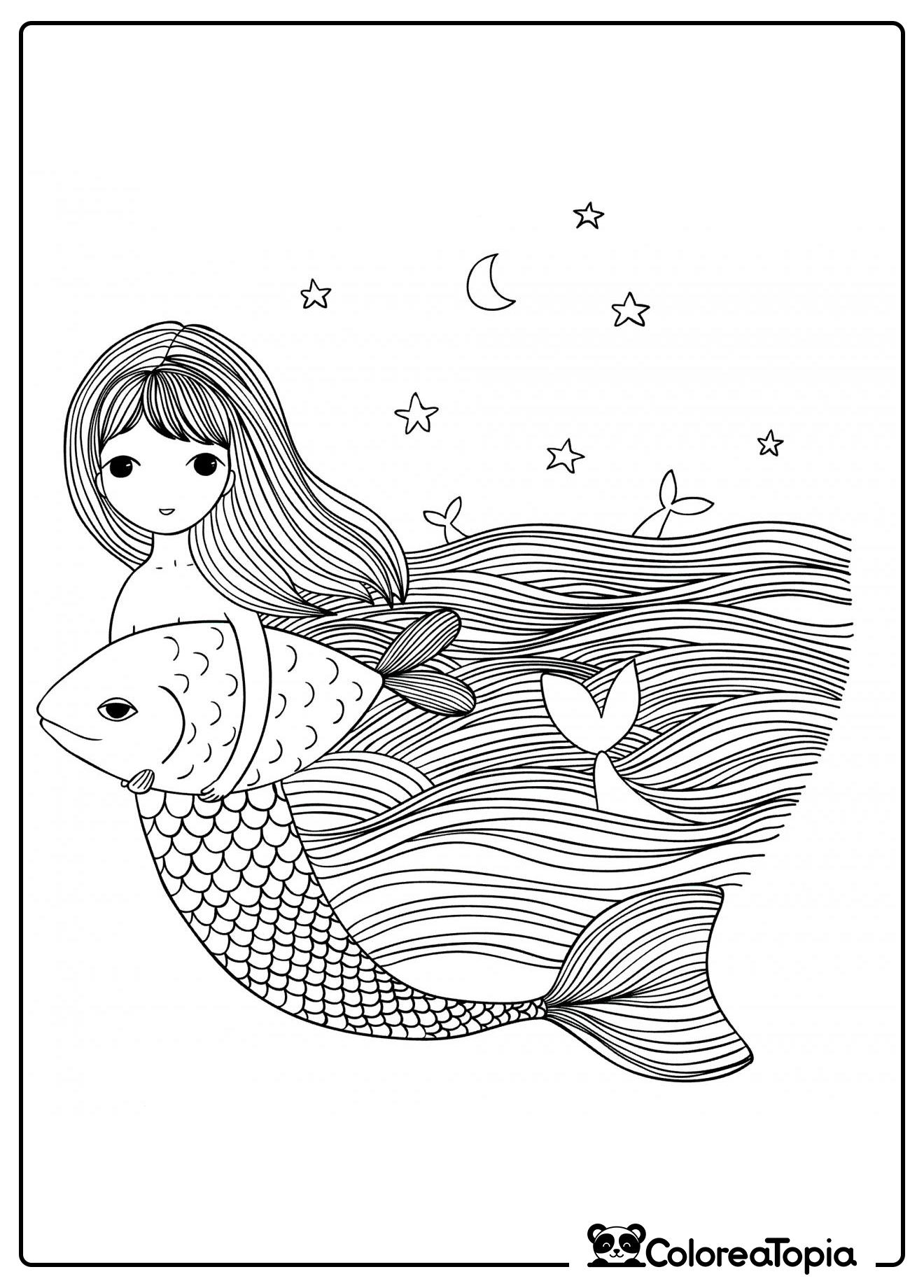 Sirena con pez - dibujo para colorear