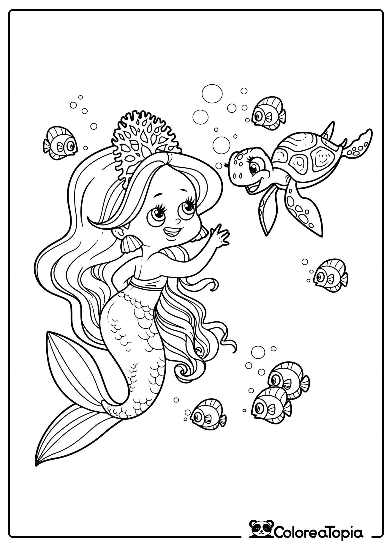 Sirena con tortuga - dibujo para colorear