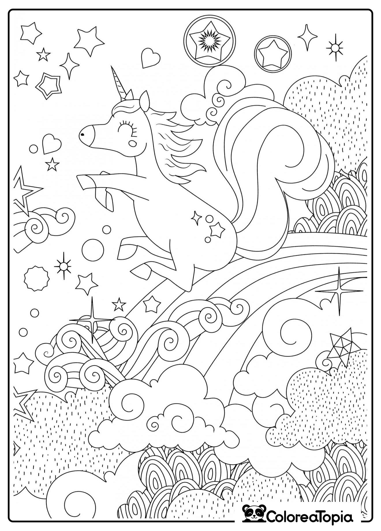 Un unicornio salta por el arcoíris - dibujo para colorear