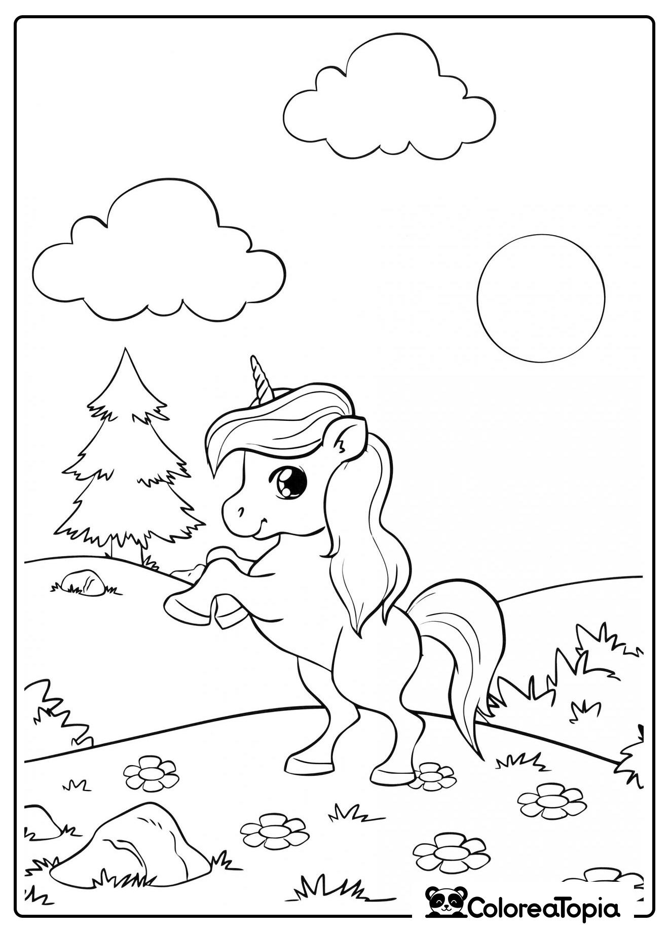 Unicorn en el borde del bosque - dibujo para colorear