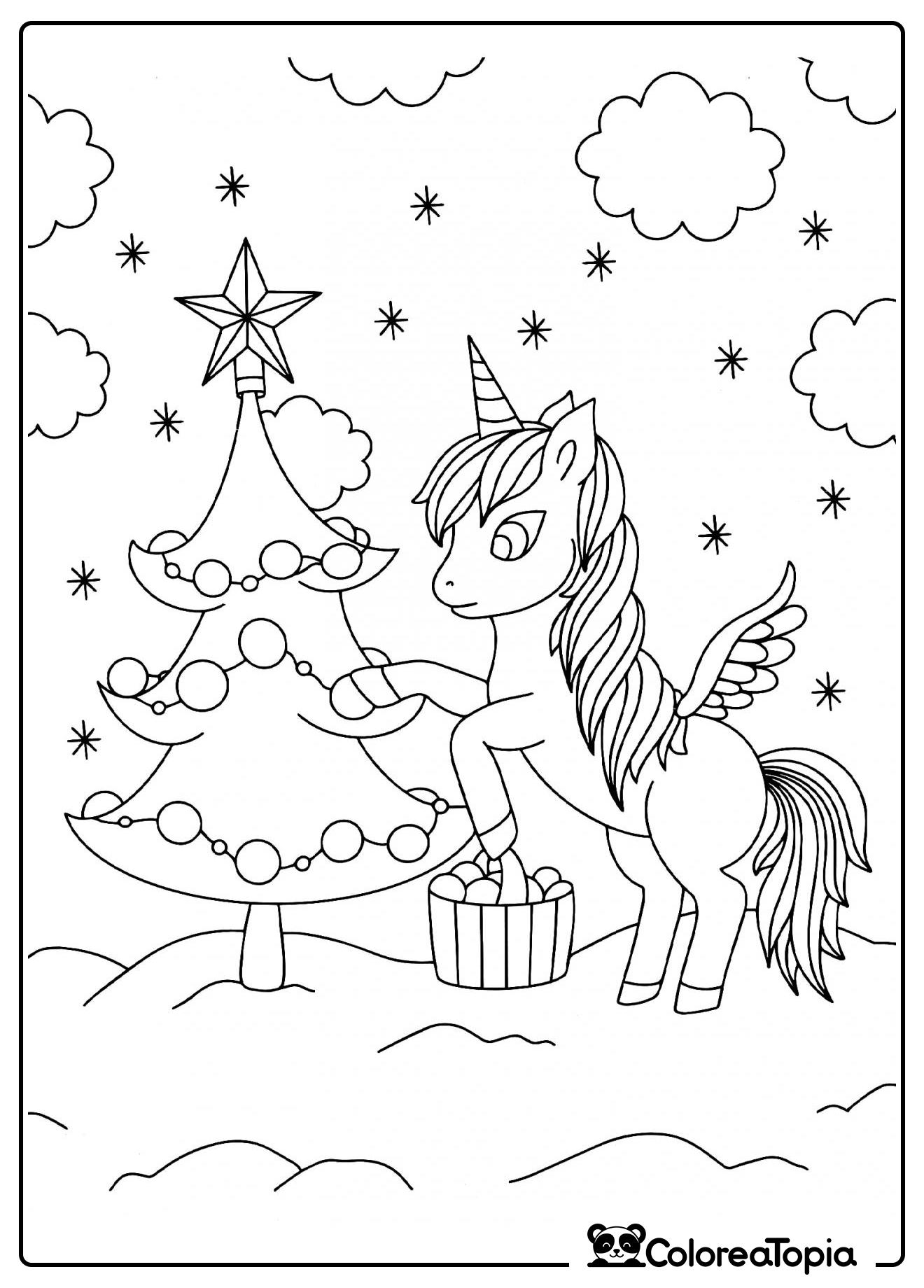 Unicornio con árbol de Navidad - dibujo para colorear