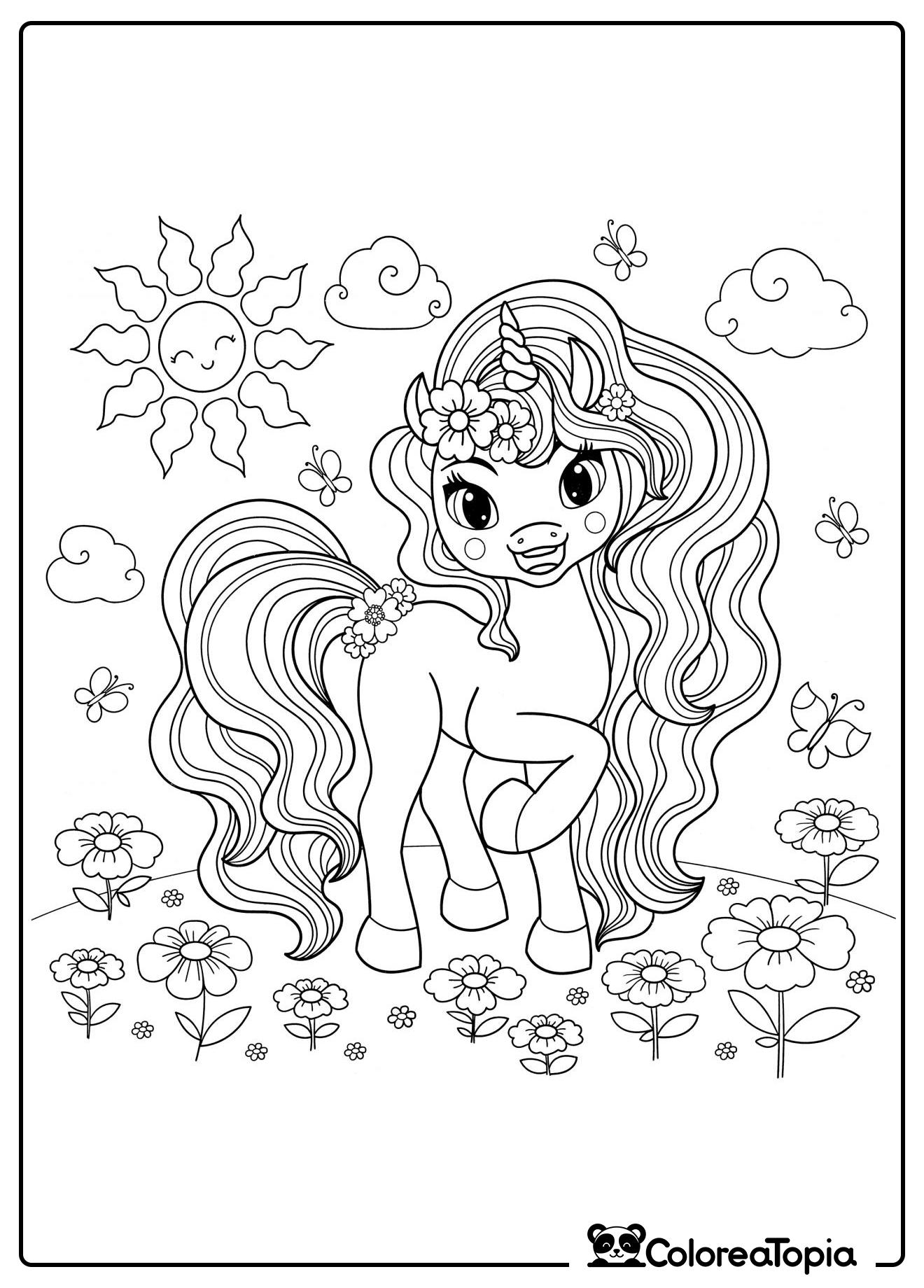 Unicornio en el jardín de flores - dibujo para colorear