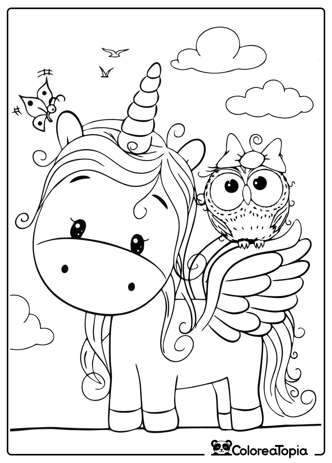 Unicornio y búho - dibujo para colorear