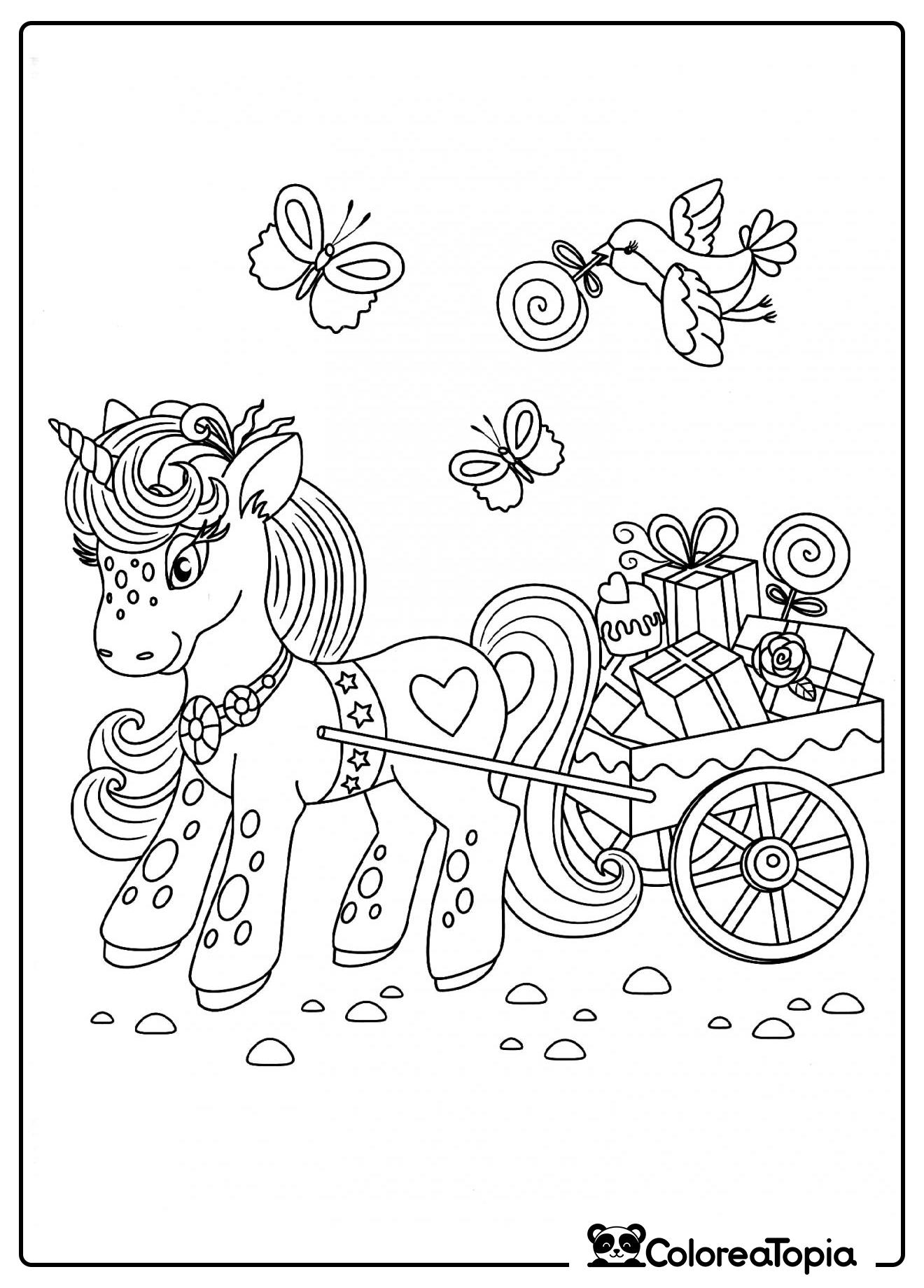 Unicornio y carro de regalos - dibujo para colorear