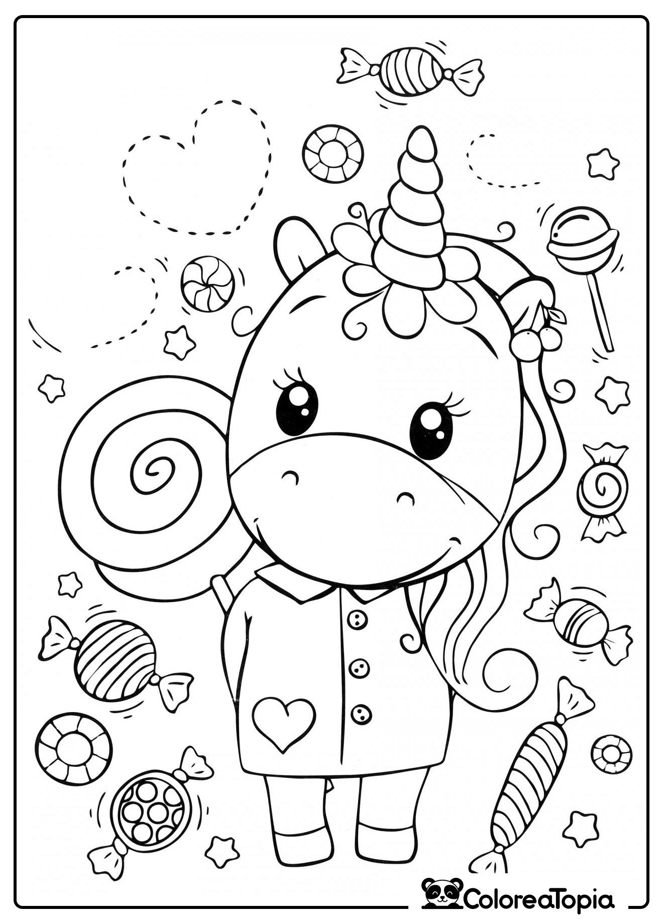 Unicornio y montaña de dulces - dibujo para colorear