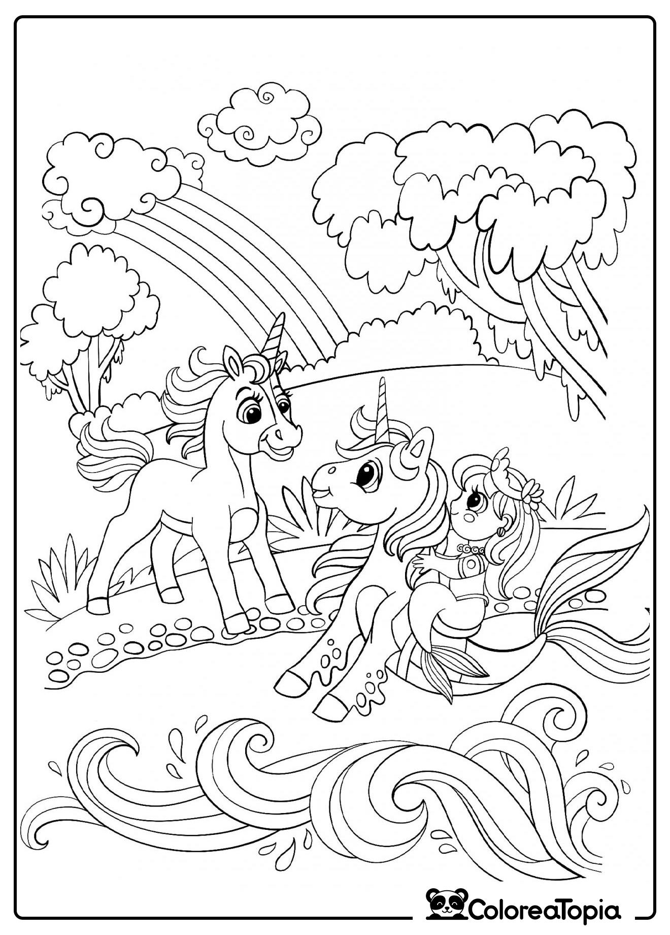 Unicornios y sirena - dibujo para colorear