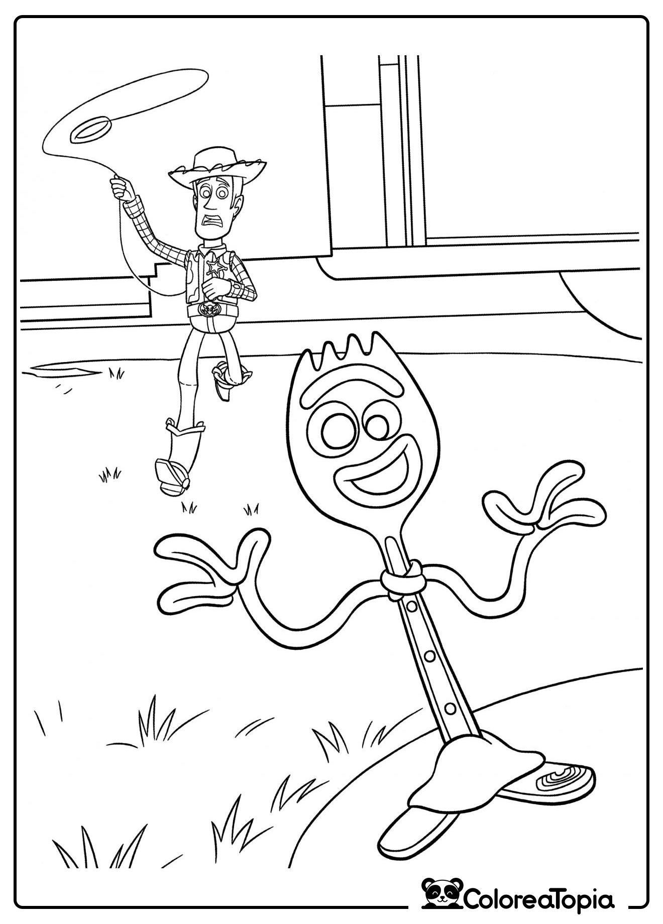 Woody atrapa a Forky - dibujo para colorear