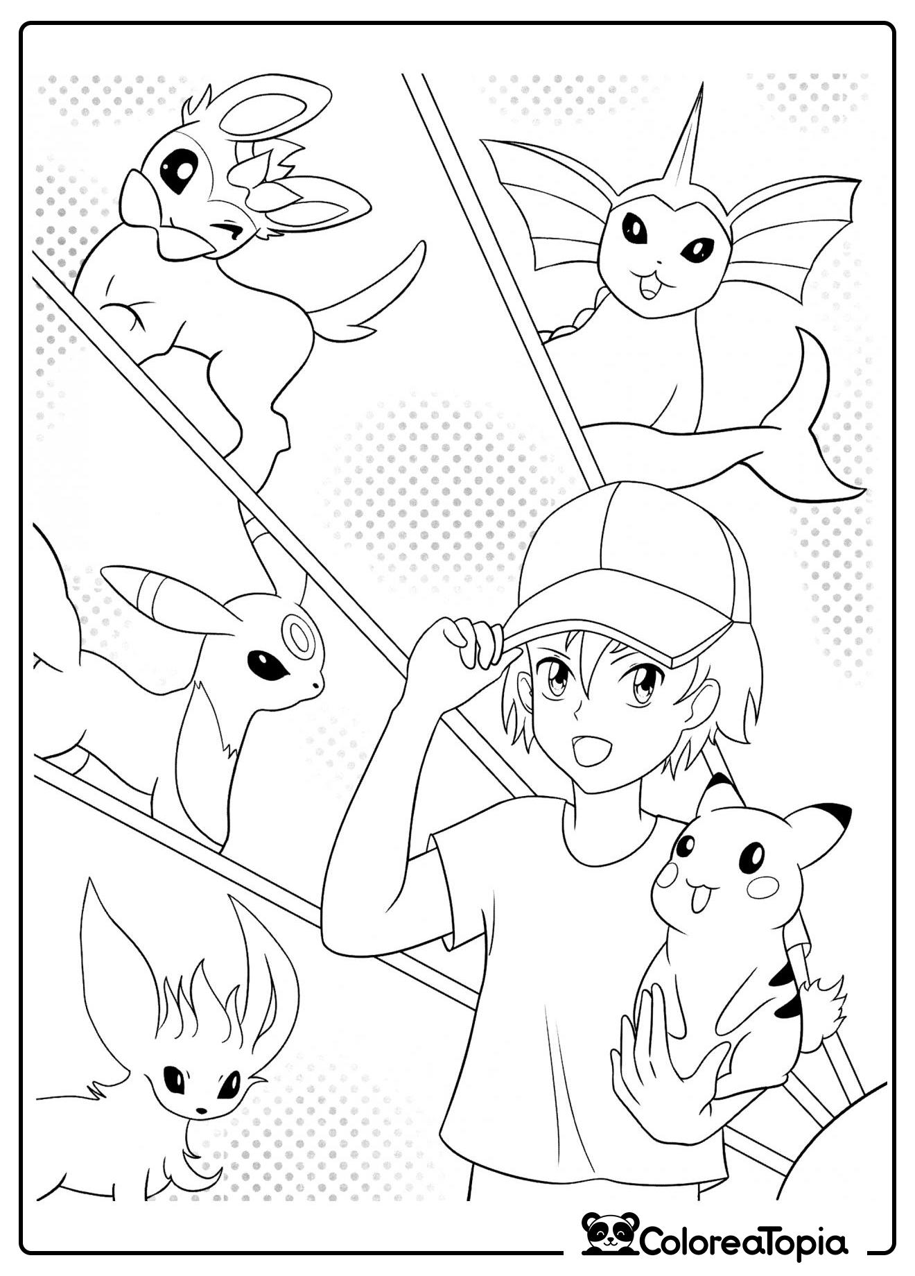 Ash con sus pokémon - dibujo para colorear