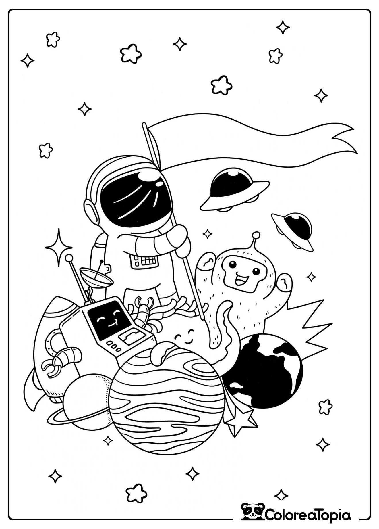 Astronauta y diferentes extraterrestres - dibujo para colorear