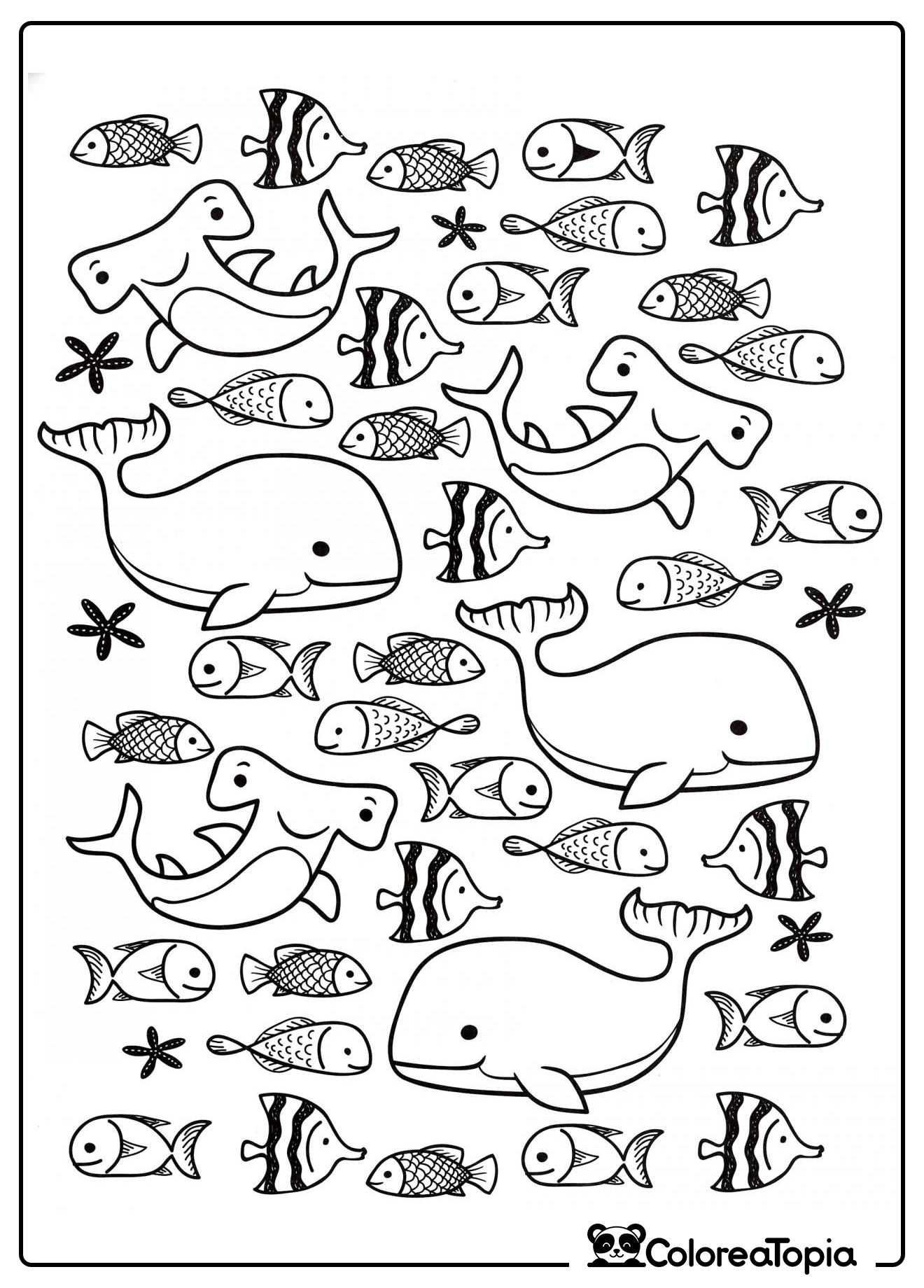 Conjunto de peces y ballenas - dibujo para colorear