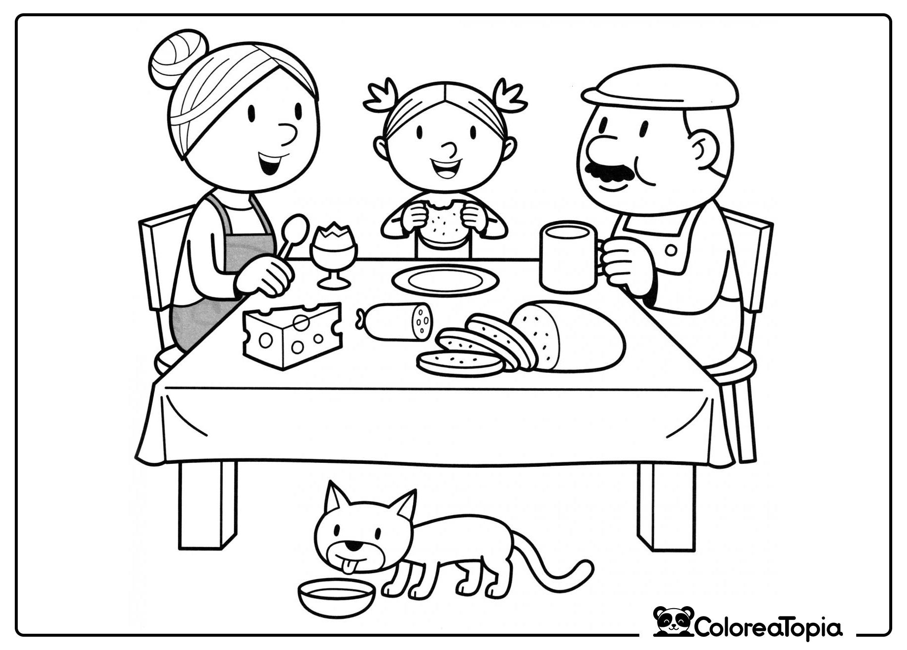 Familia durante el desayuno - dibujo para colorear