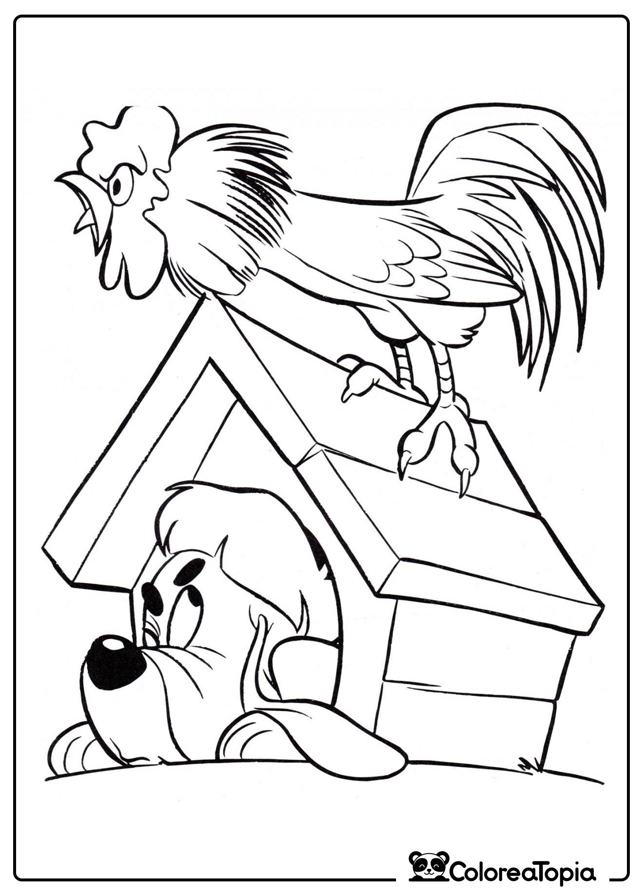 Gallo en la caseta del perro - dibujo para colorear