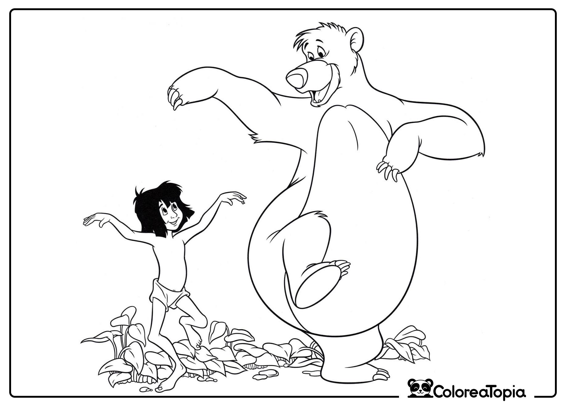 Mowgli y Baloo bailan - dibujo para colorear