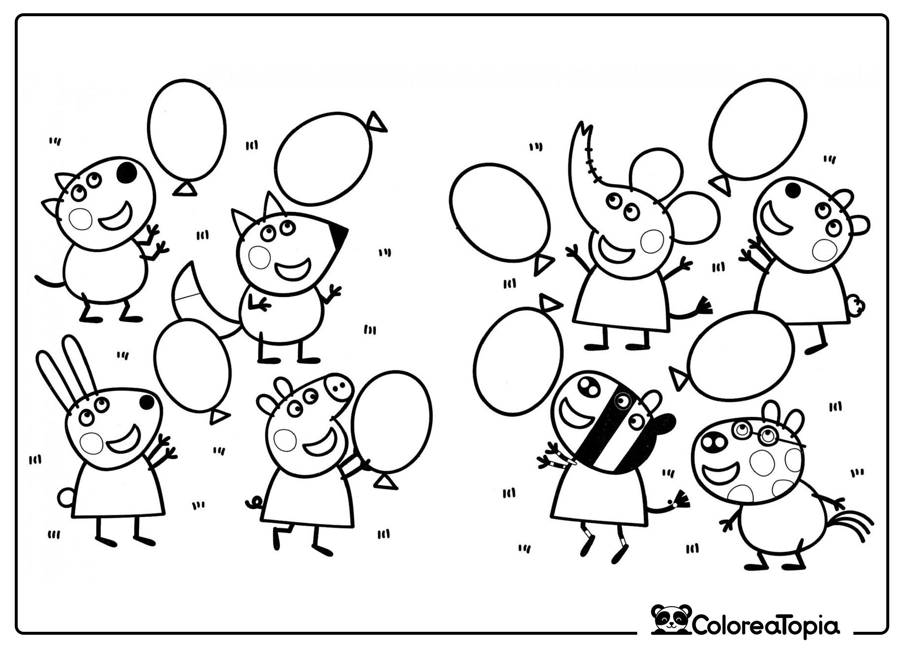 Peppa juega con sus amigos - dibujo para colorear