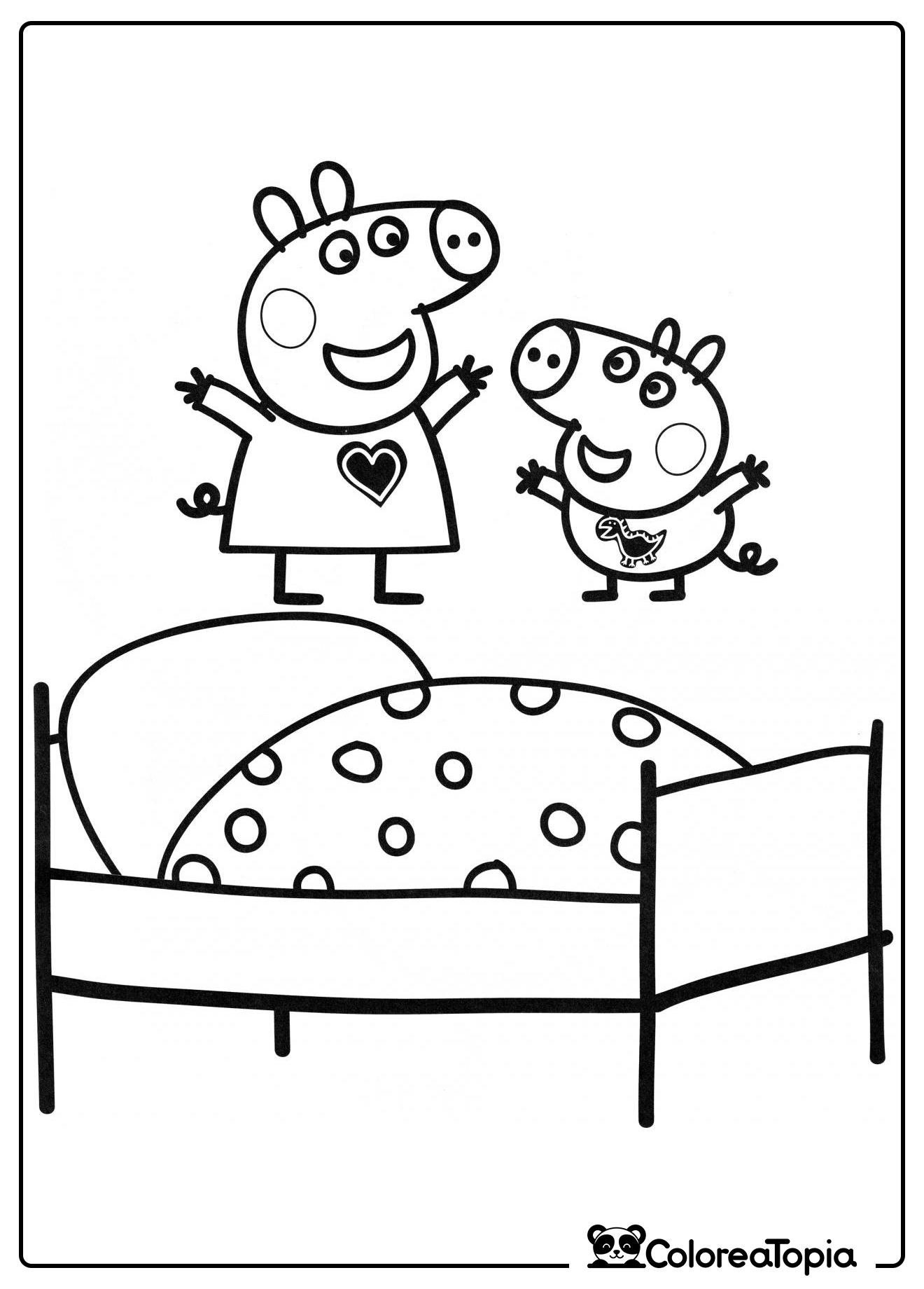 Peppa Pig y George saltando en la cama - dibujo para colorear