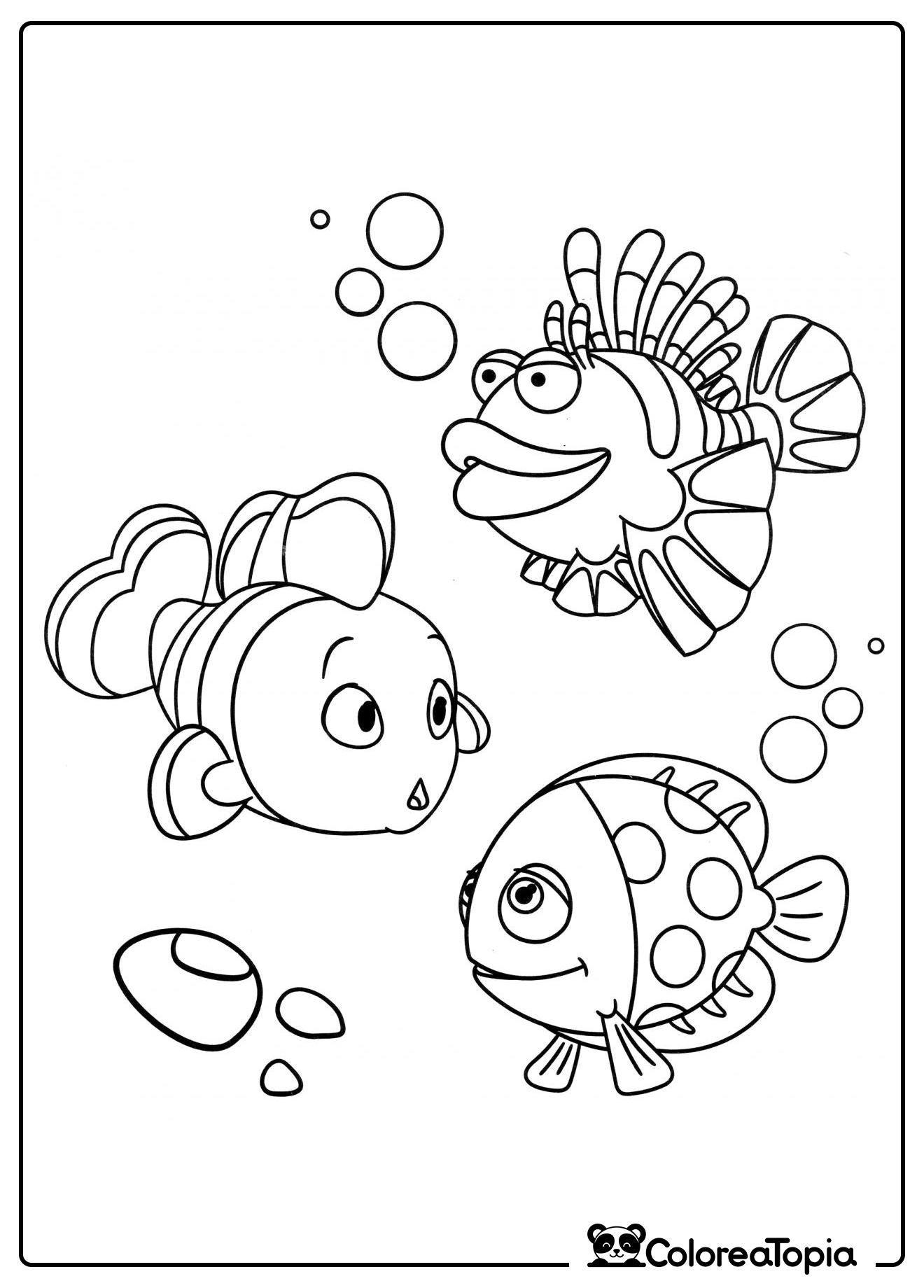 Tres divertidos peces - dibujo para colorear