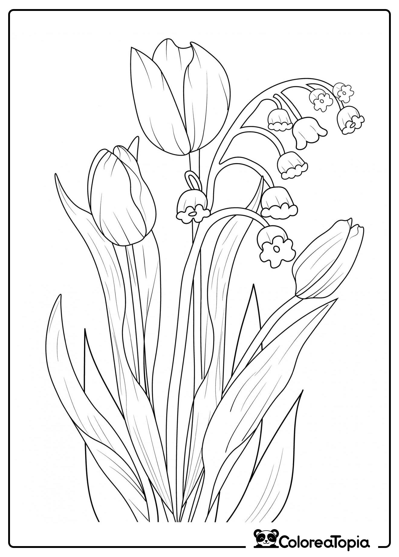 Tulipanes y lirios de los valles - dibujo para colorear