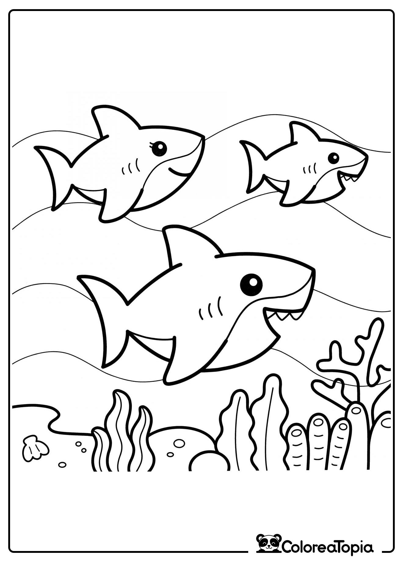 Familia de tiburones divertida - dibujo para colorear