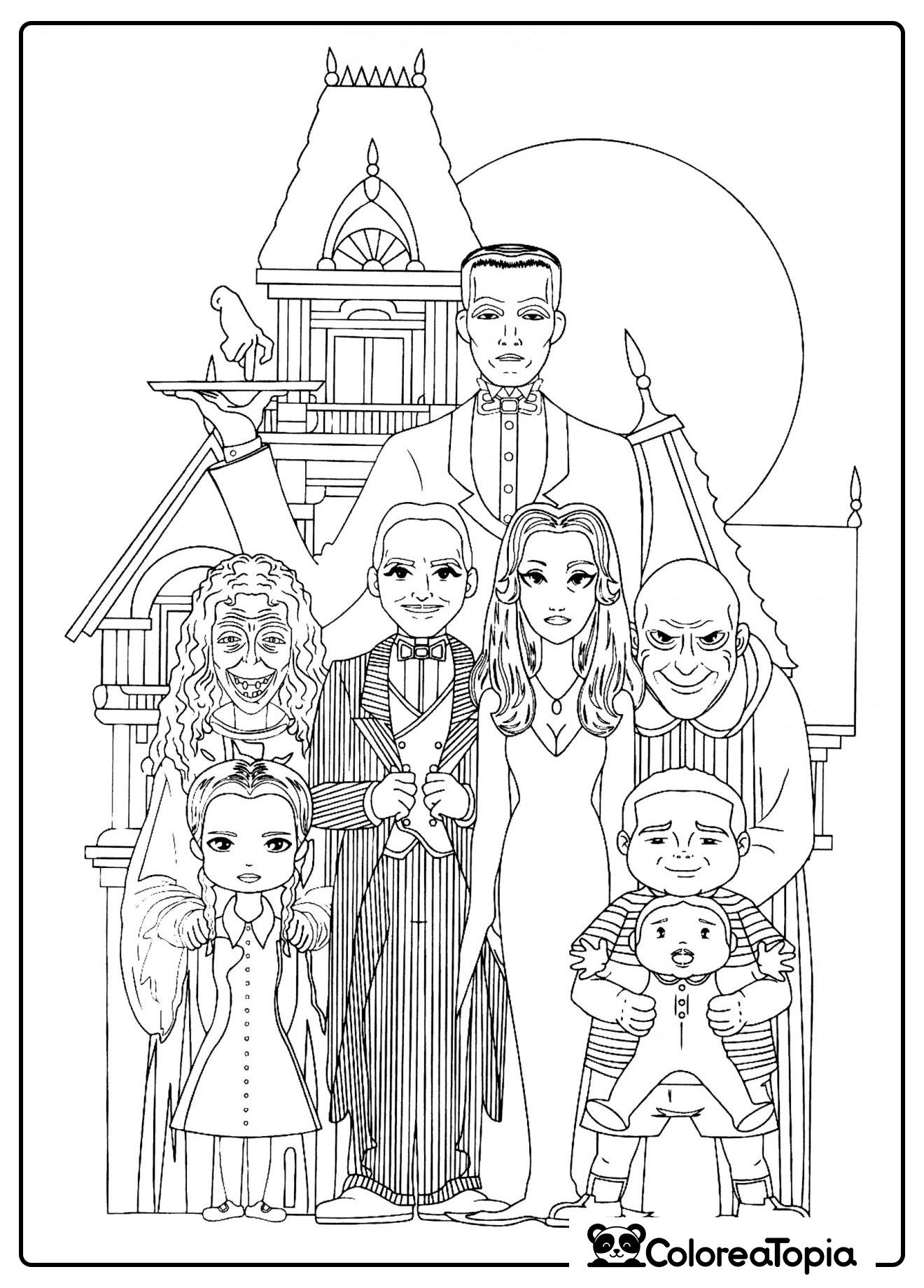 La familia Addams frente a la casa - dibujo para colorear