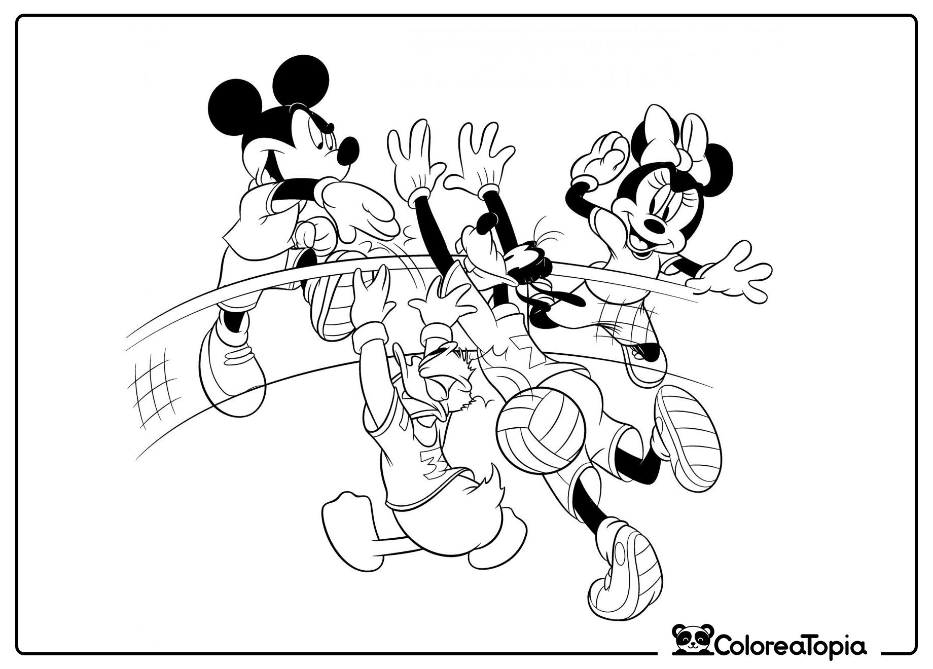 Mickey y sus amigos están jugando al voleibol - dibujo para colorear