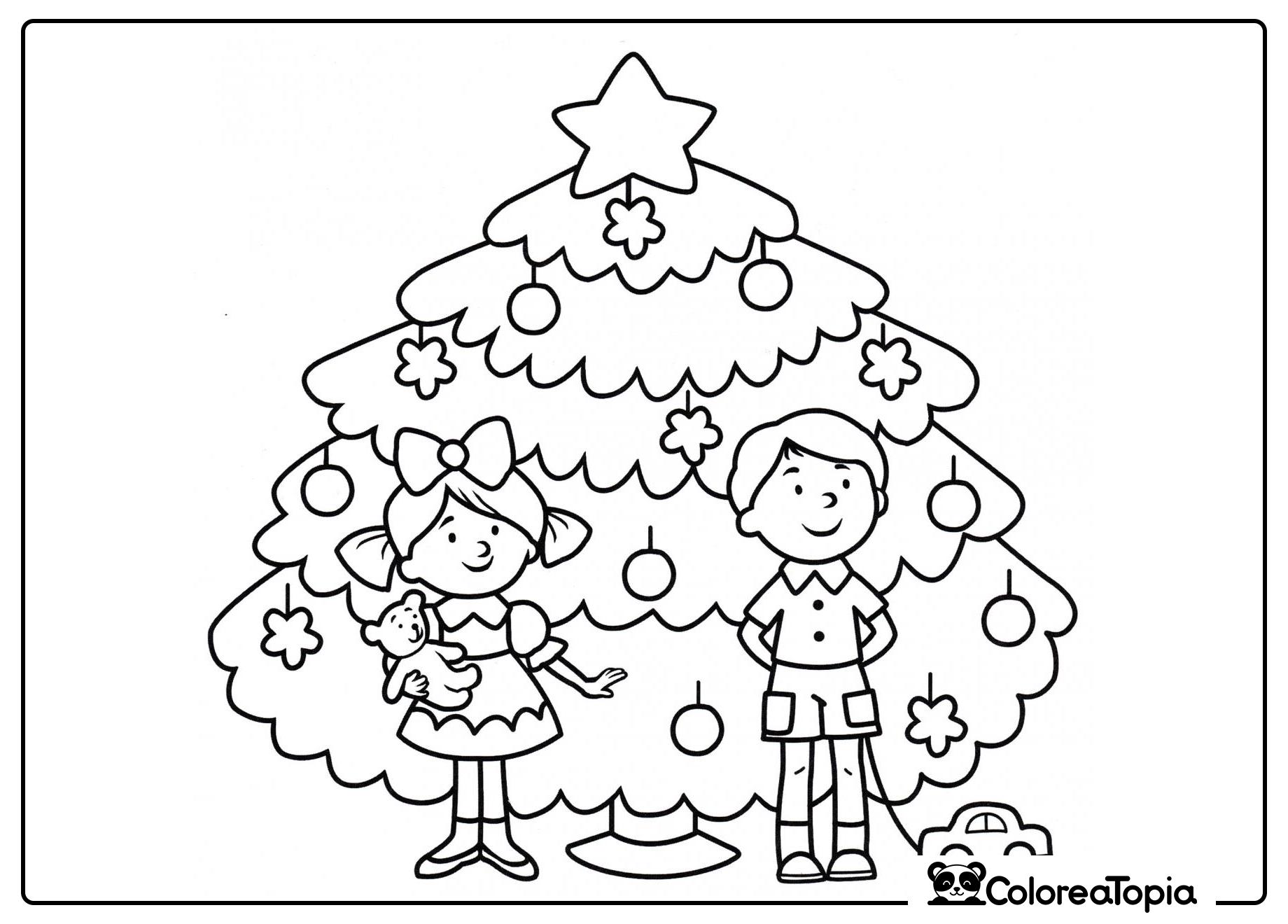 Niños junto al árbol de Navidad - dibujo para colorear