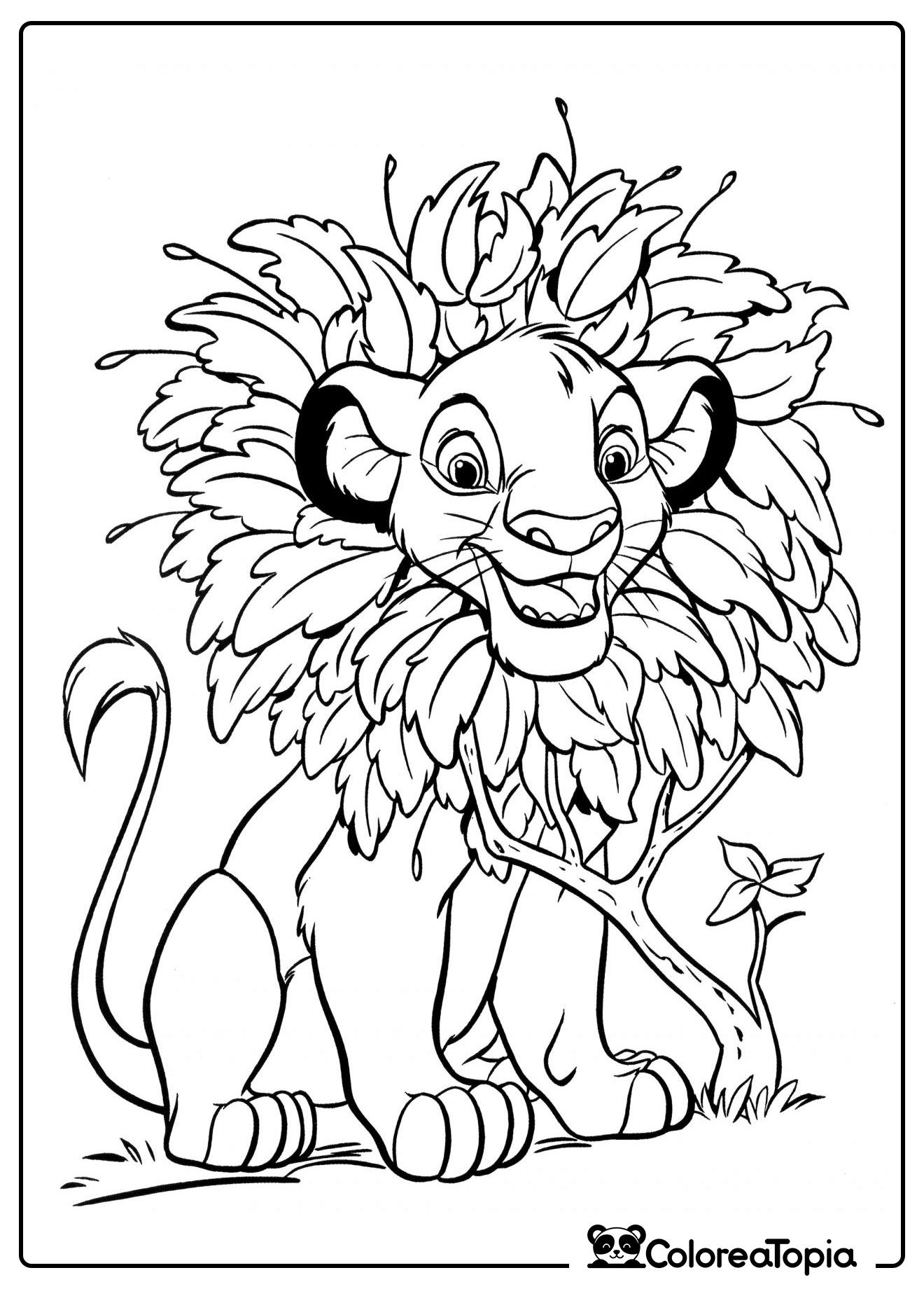 Simba juega con las hojas - dibujo para colorear