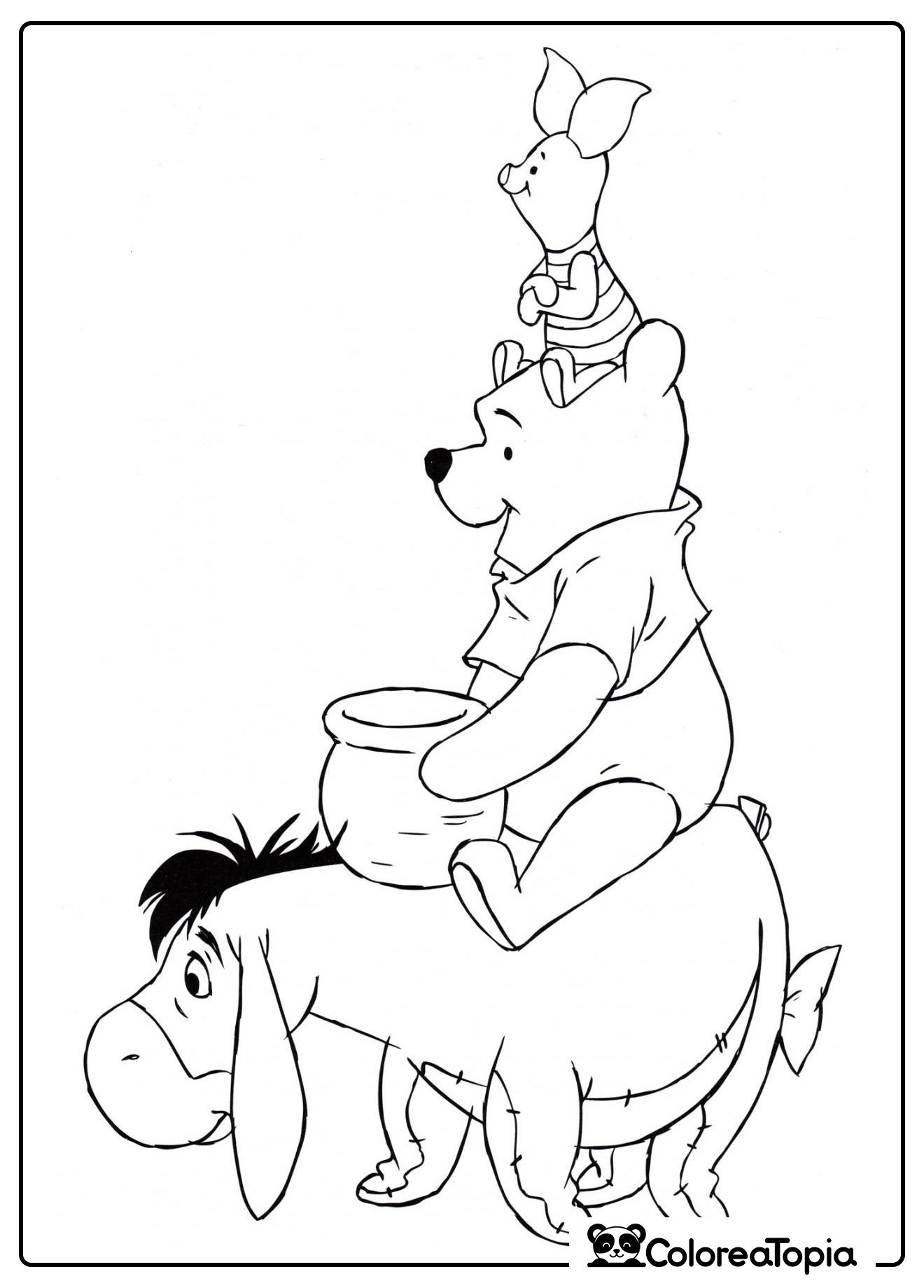 Winnie con el burro Eeyore y Piglet - dibujo para colorear