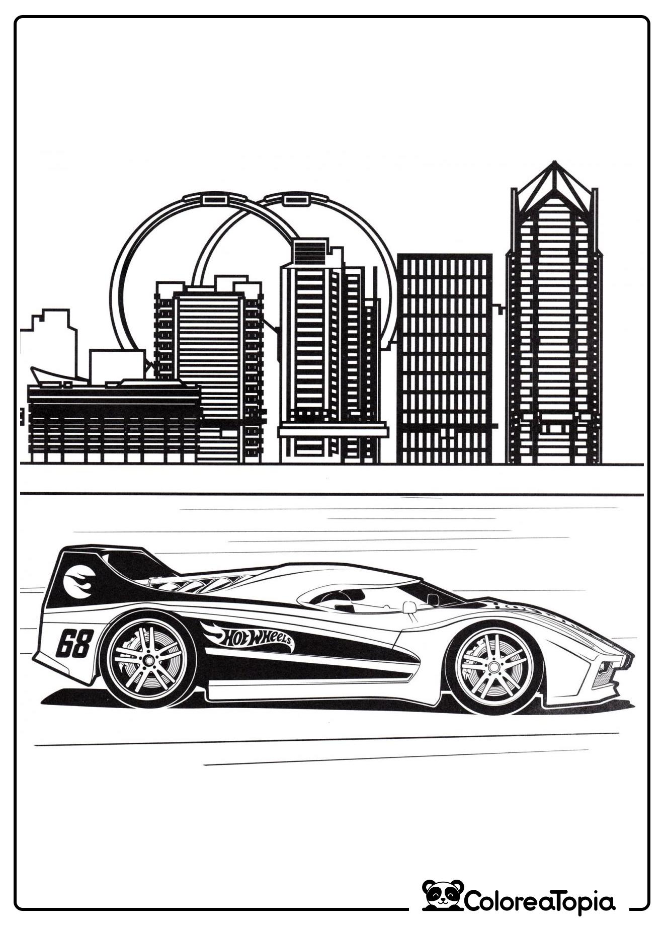 Deportivo Hot Wheels frente a la ciudad - dibujo para colorear