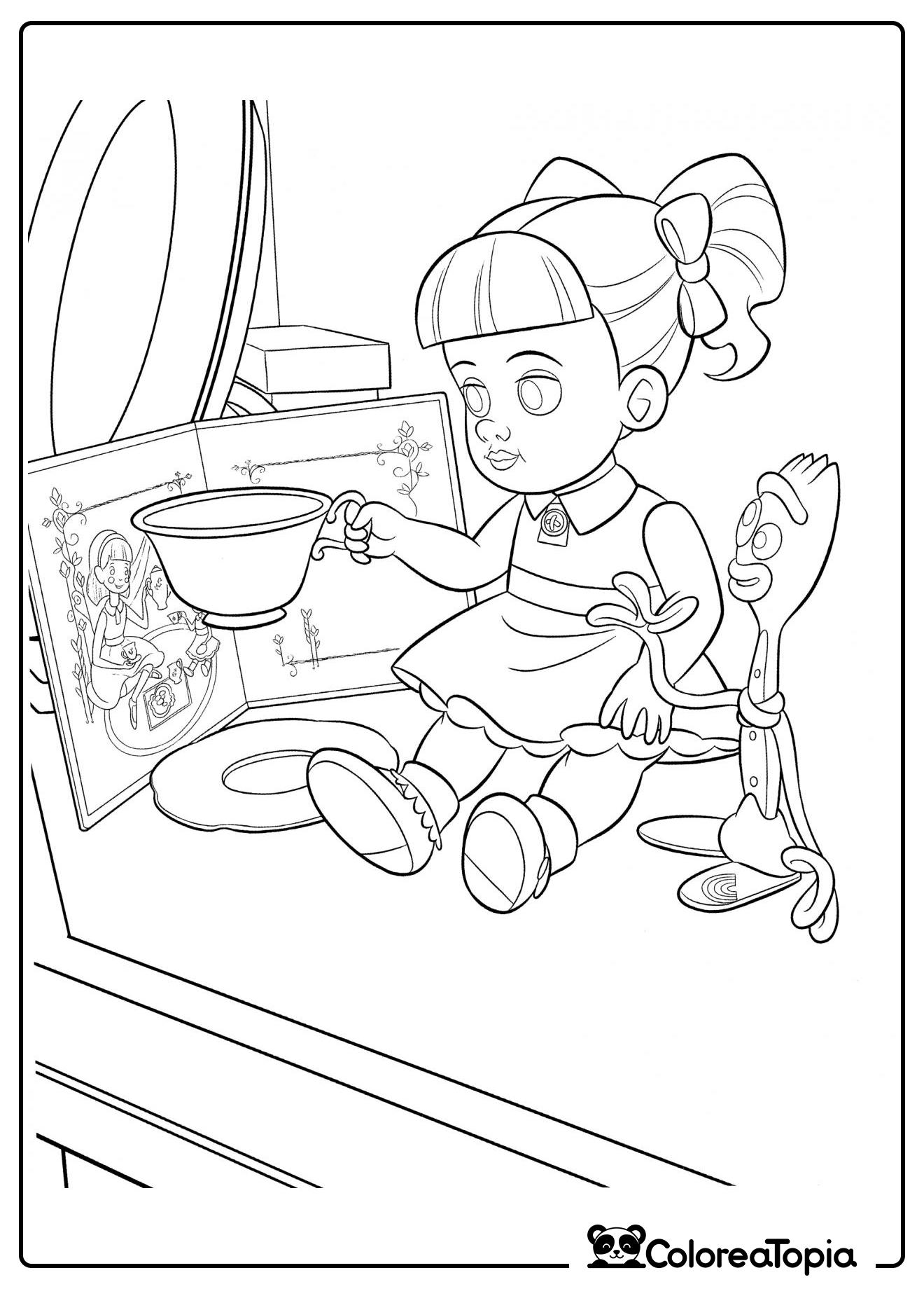 Gabby está tomando té con Forky - dibujo para colorear