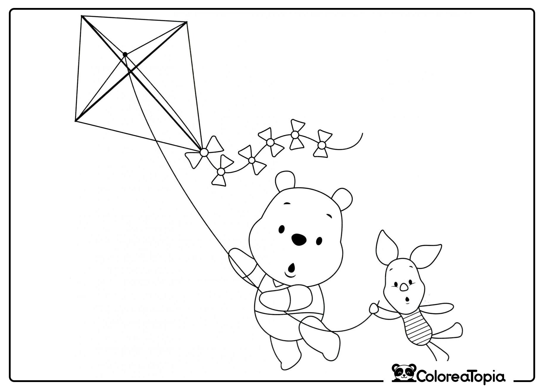 Winnie Pooh y Piglet con una cometa - dibujo para colorear